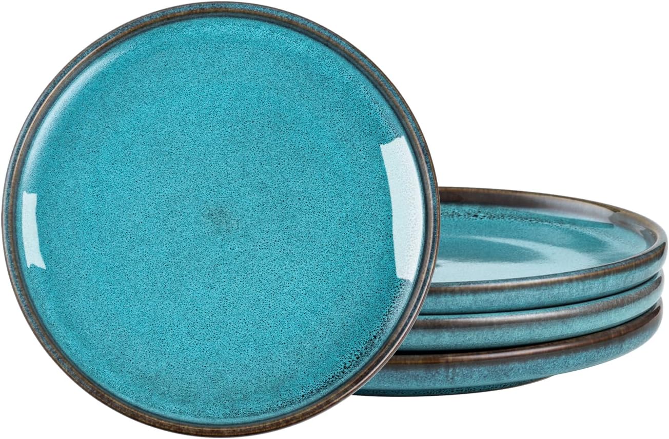 Henten Home Ceramic Dessert Plates, 8 Inch Porcelain Salad Plates Set of 4, Round Snack Plates for Kitchen, Cake Serving Stoneware Dishes, Reactive Glaze, Scratch Resistant (Aqua)