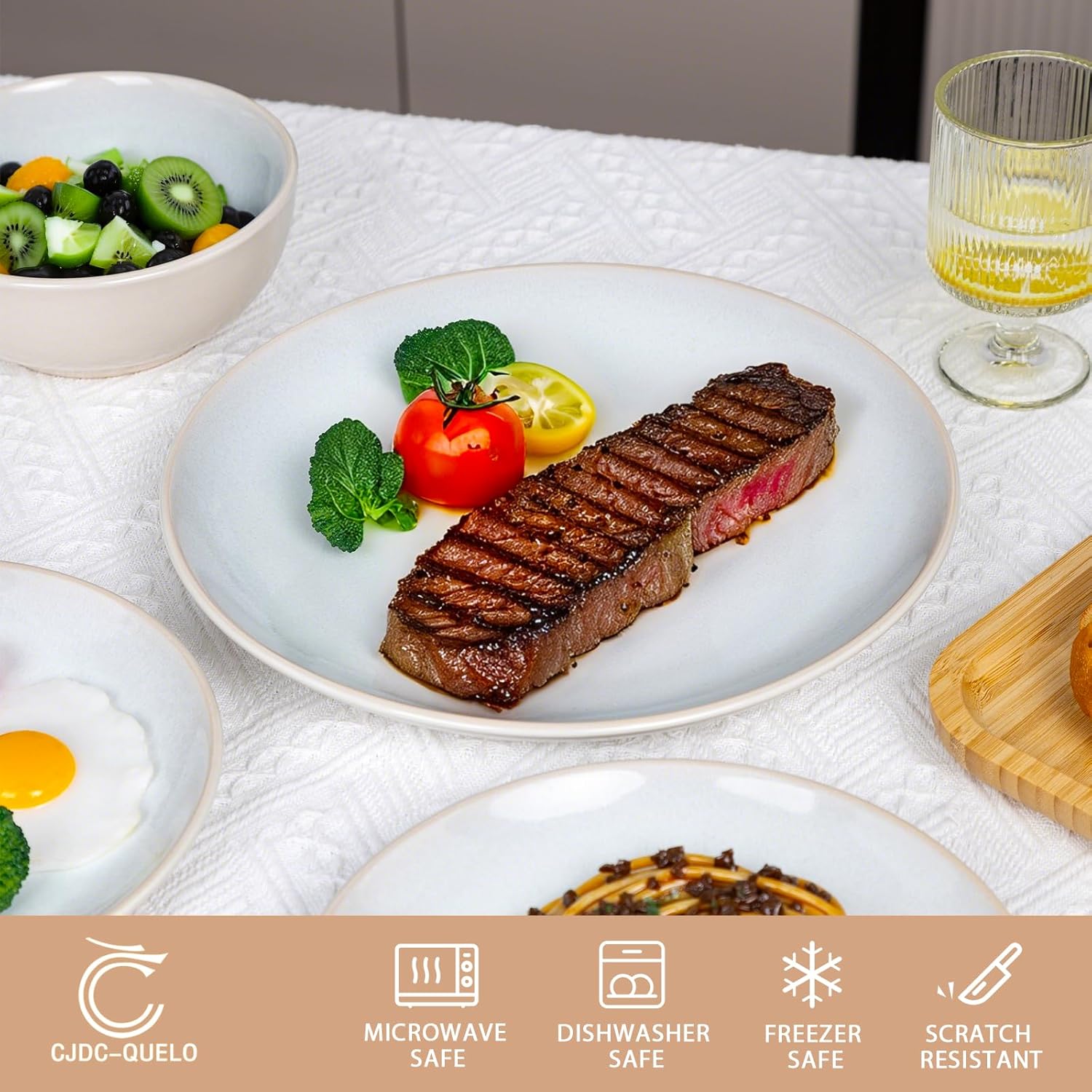 Plates and Bowls Sets for 8 - CJDC-QUELO 32-Piece Stoneware Dinnerware Sets, Ceramic Dishware Set for Kitchen Use and Formal Dining, Chip and Scratch Resistant Microwave Dishwasher Safe, Off White