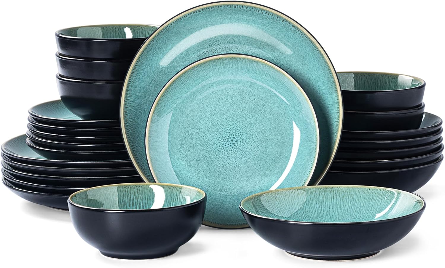 Plates and Bowls Sets for 6 - CJDC-QUELO 24-Piece Stoneware Dinnerware Sets, Ceramic Dishware Set for Indoor Kitchen Use and Formal Dining, Chip and Scratch Resistant Microwave Dishwasher Safe, Green