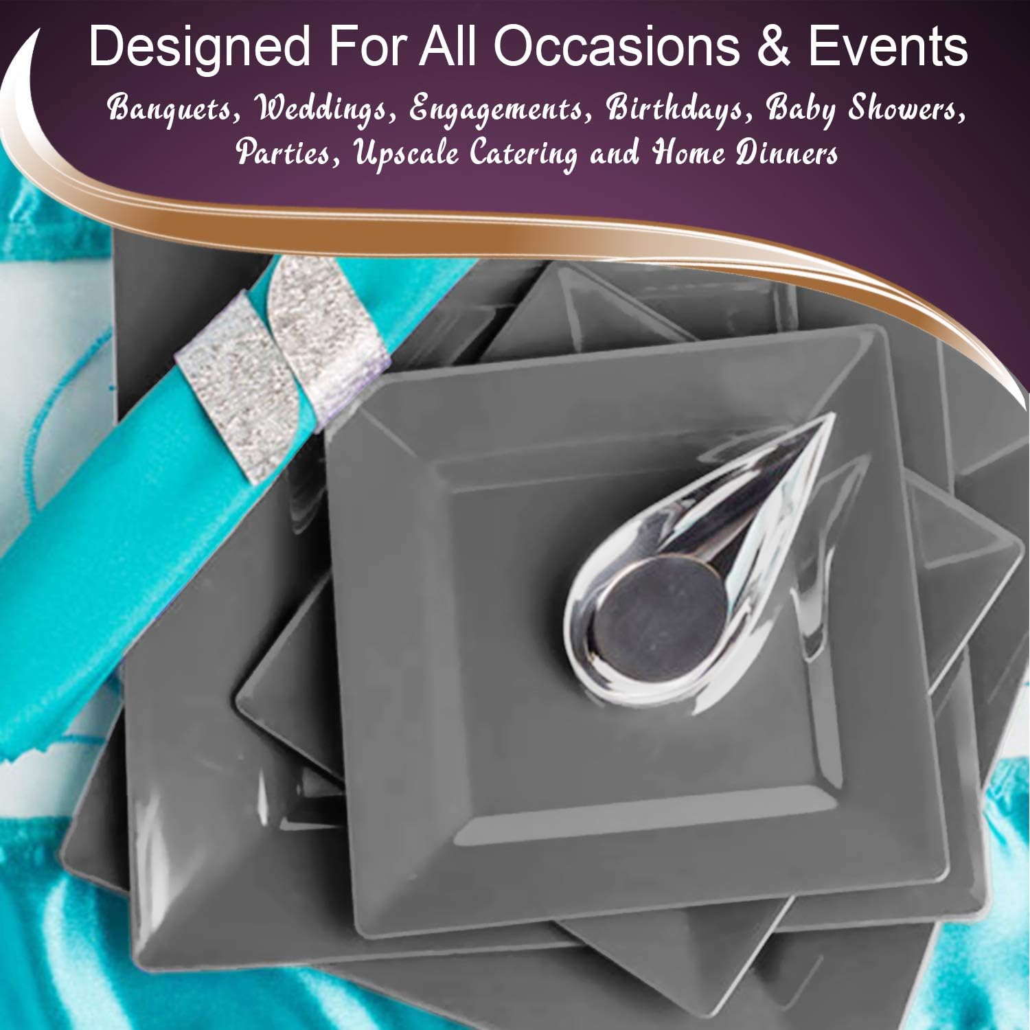 Disposable Plastic Dessert Plates -120 Plates -Heavy Duty Square Silver Salad Plates- 6.5" Appetizer Cake Plates Bulk Party Supplies For All Occasions