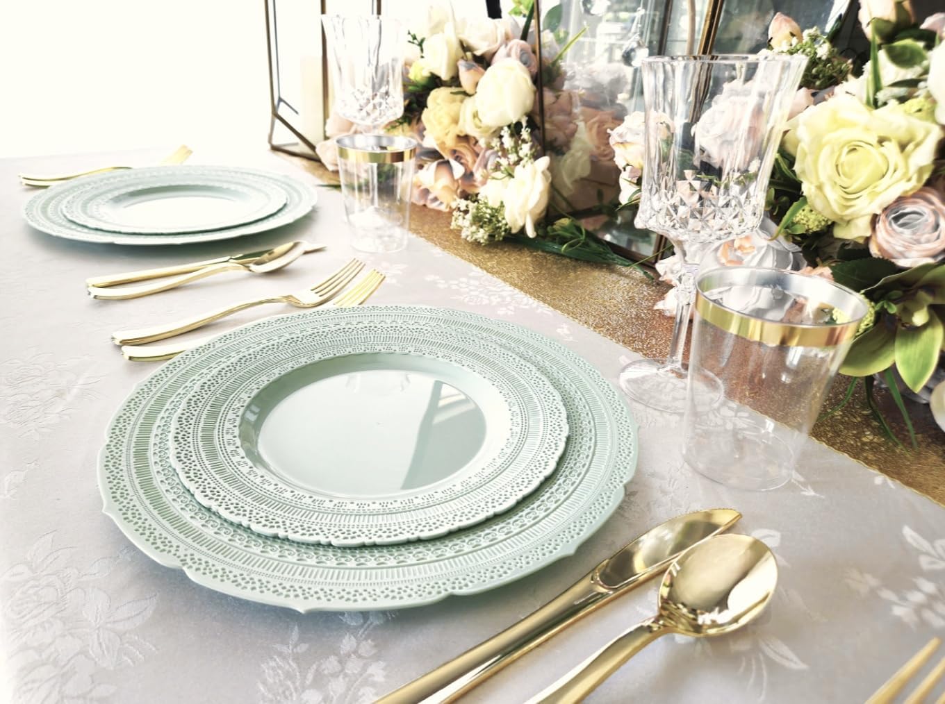 " OCCASIONS " 120 Plates Pack,(60 Guests) Extra Heavyweight Vintage Wedding Disposable/Reusable Plastic Plates 60 x 11'' Dinner + 60 x 8.25'' Salad/Dessert Plate (Chateau in Mint)
