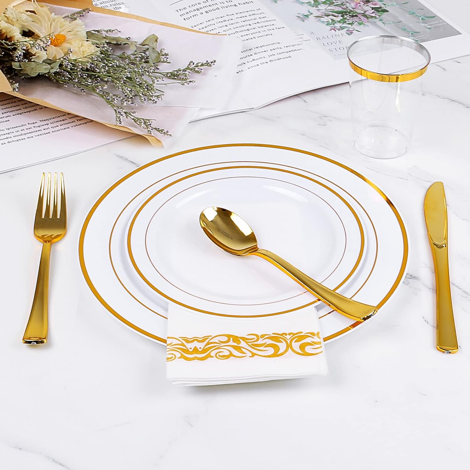 Gold Plastic Plates, MCIRCO 100 Pieces Disposable Party Plates for Weddings, Premium Gold Rim Plates, Include 50 10.25 Inch Dinner Plates and 50 7.5 Inch Dessert Appetizer Plates