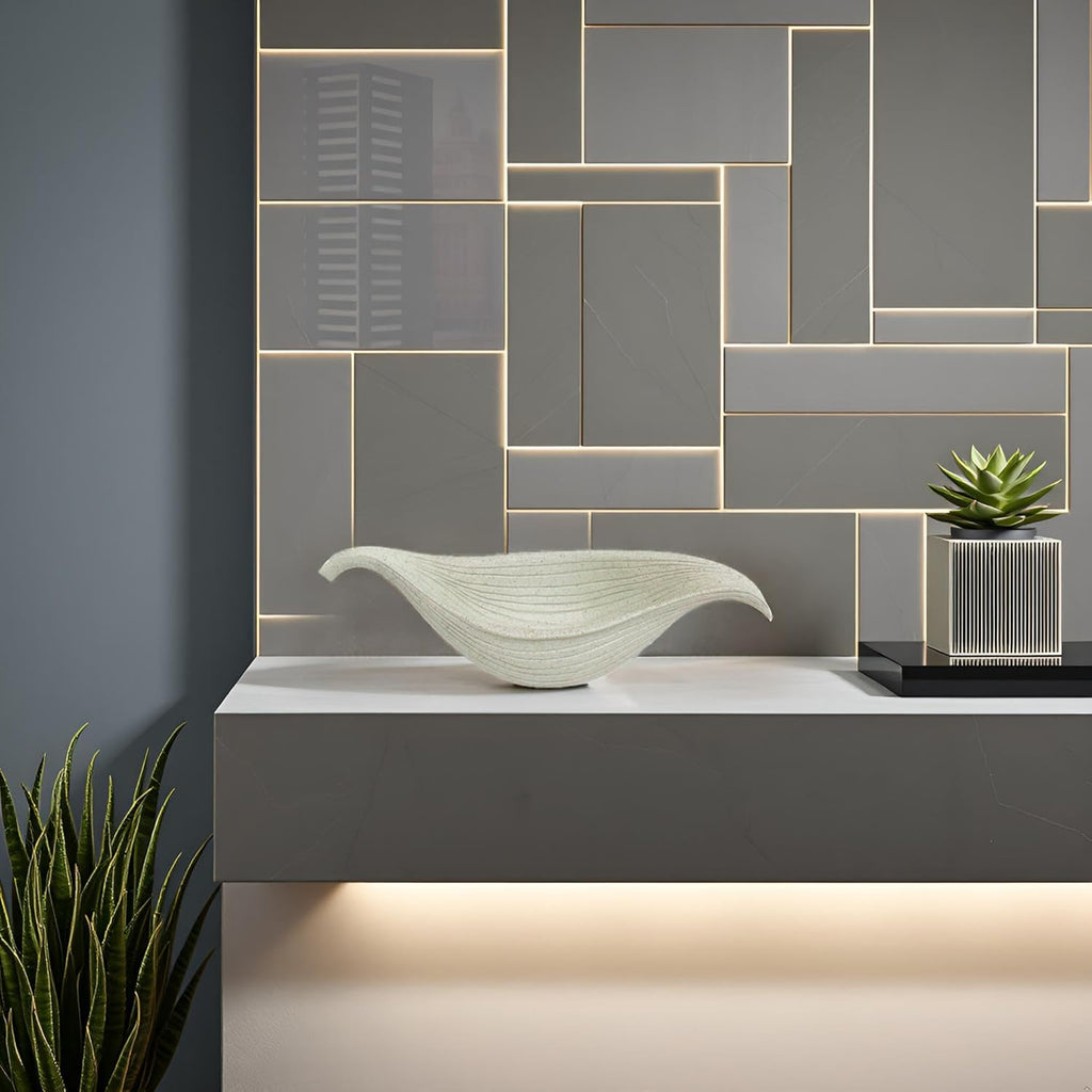 12.6" Large Decorative Leaf Bowl decor , Decorative Bowls for Modern Home Decor,Ruffle Decor,Stylish Key Bowl for Entry Table,Decorative Fruit Bowls for Kitchen Counter,Artificial Stone Light Gray