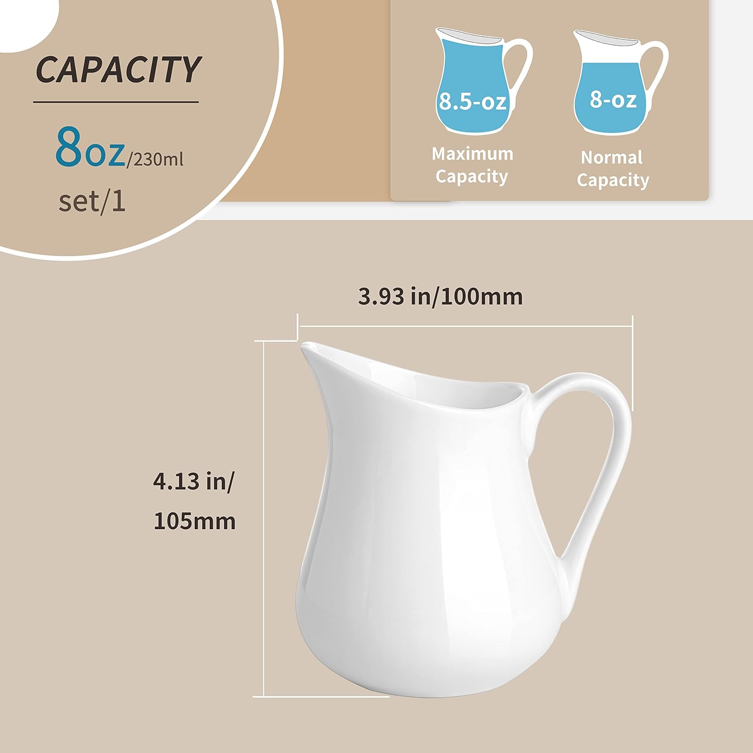 Gurygo 8-oz Creamer with Handle - Small Classic White Fine Porcelain Creamer Pitcher - Small Pitcher for Coffee Milk - Microwave & Freezer Safe