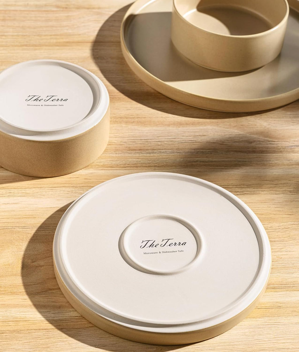 TheTerra Ceramic Dinnerware Sets for 4, 12 Pieces Handmade Reactive Glaze Plates and Bowls Set, Scratch Resistant Dish Set, Oven & Microwave & Dishwasher Safe, Ivory Cream