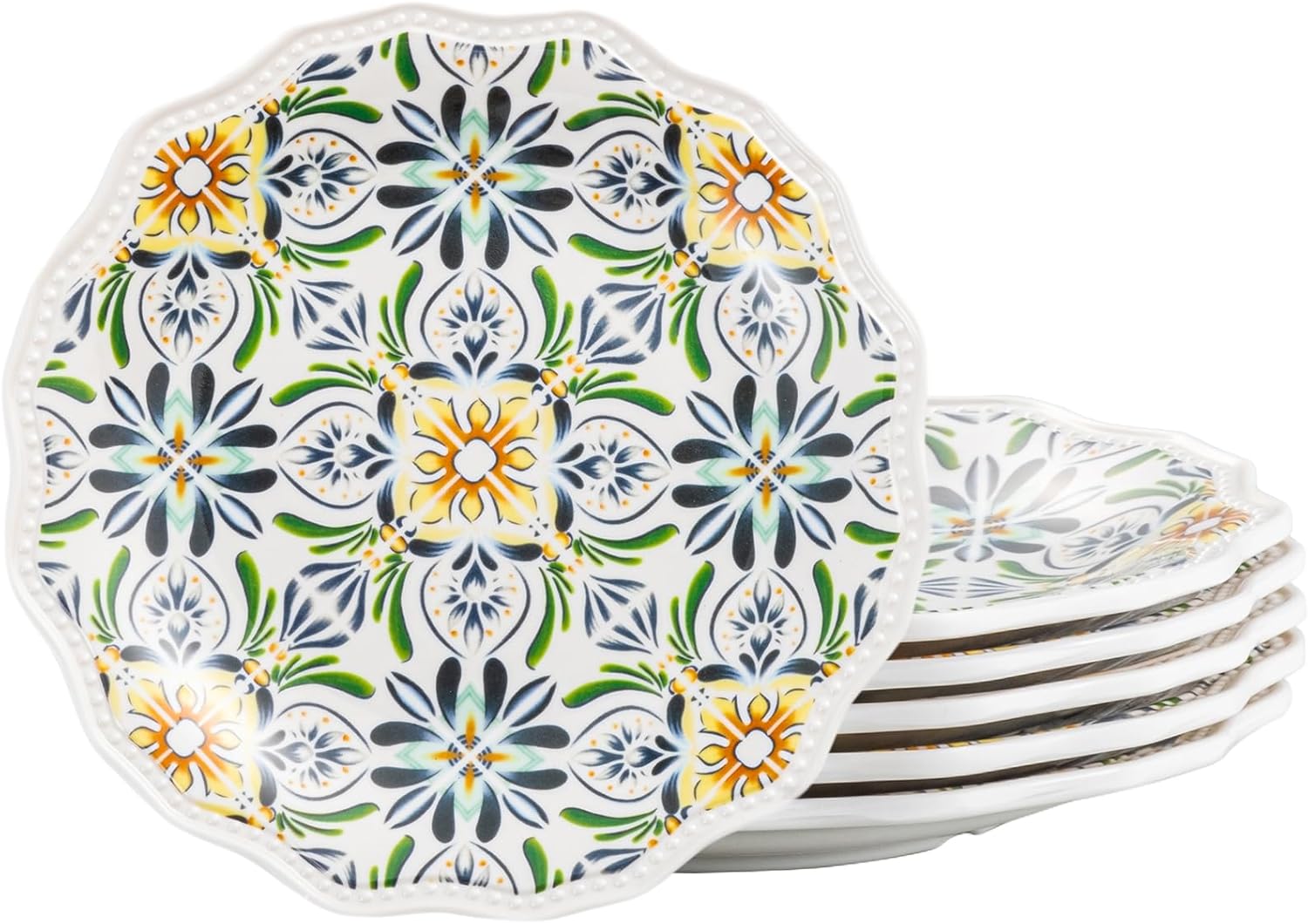 UNK U 8.5-Inch Floral Melamine Plates Set of 6, Rustic Dinner Plates with Flower Shape, Dishwasher Safe Decorative Plates for Garden Party, Family Meals, Birthdays Party & Everyday Use