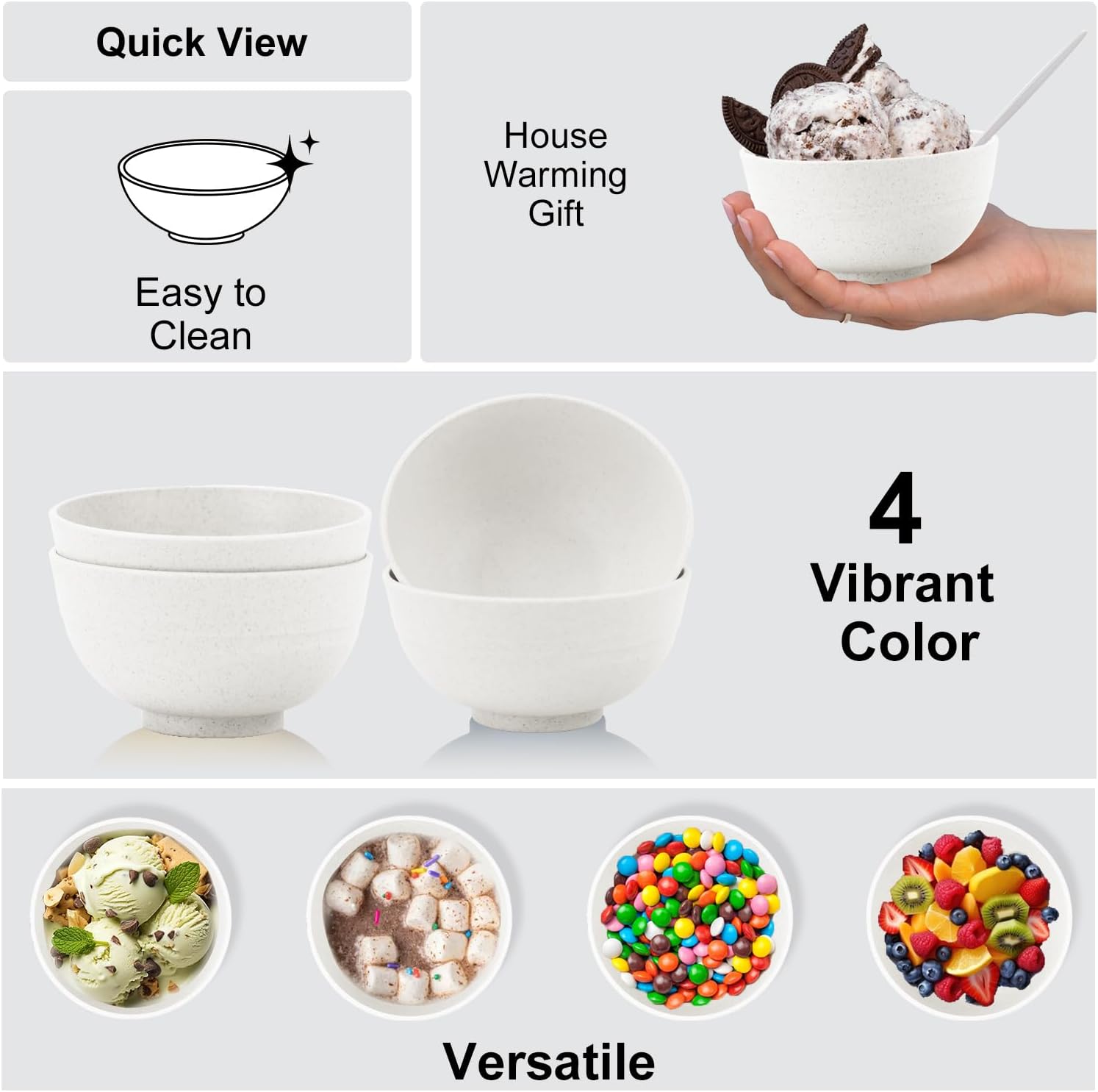 Wrova Wheat Straw Snack Bowls 10oz Set of 8 - Unbreakable Dessert Bowl for Kids - Small White Bowls for Ice Cream,Snack and Fruits - Microwave & Dishwasher Safe Mini Appetizer Bowl Sets - White