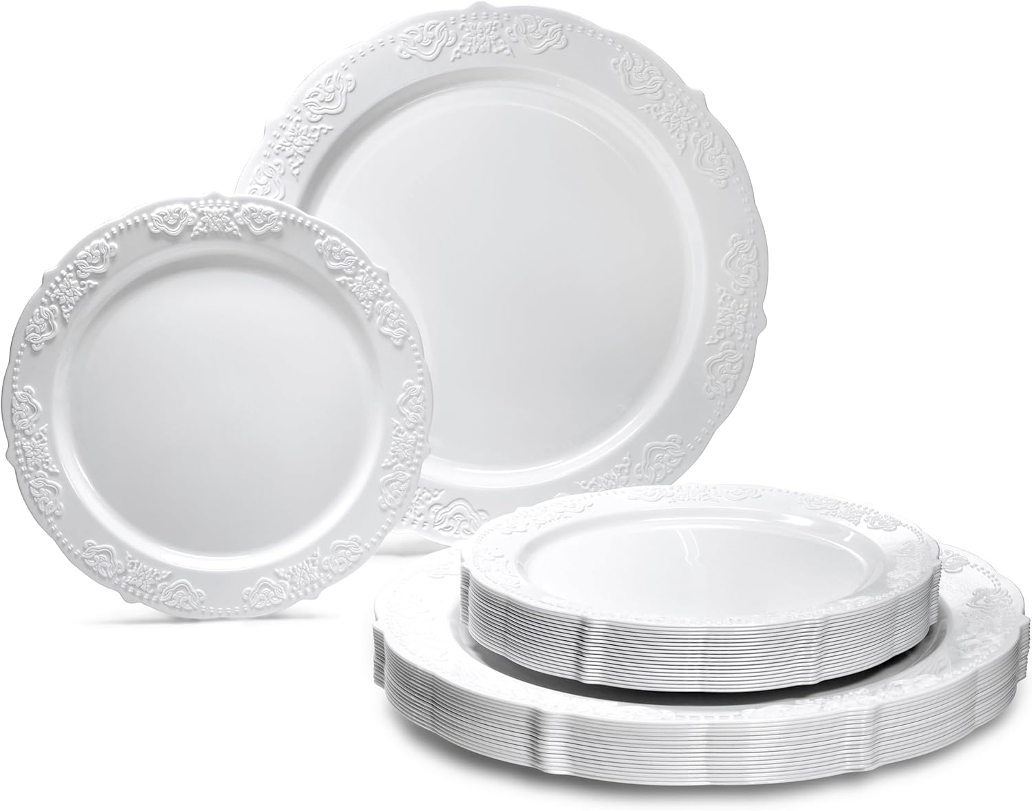 " OCCASIONS " 240 Plates Pack,(120 Guests) Vintage Wedding Party Disposable Plastic Plates Set-120x10.25'' Dinner +120x7.5'' Salad/Dessert Plate (Portofino Plain White)