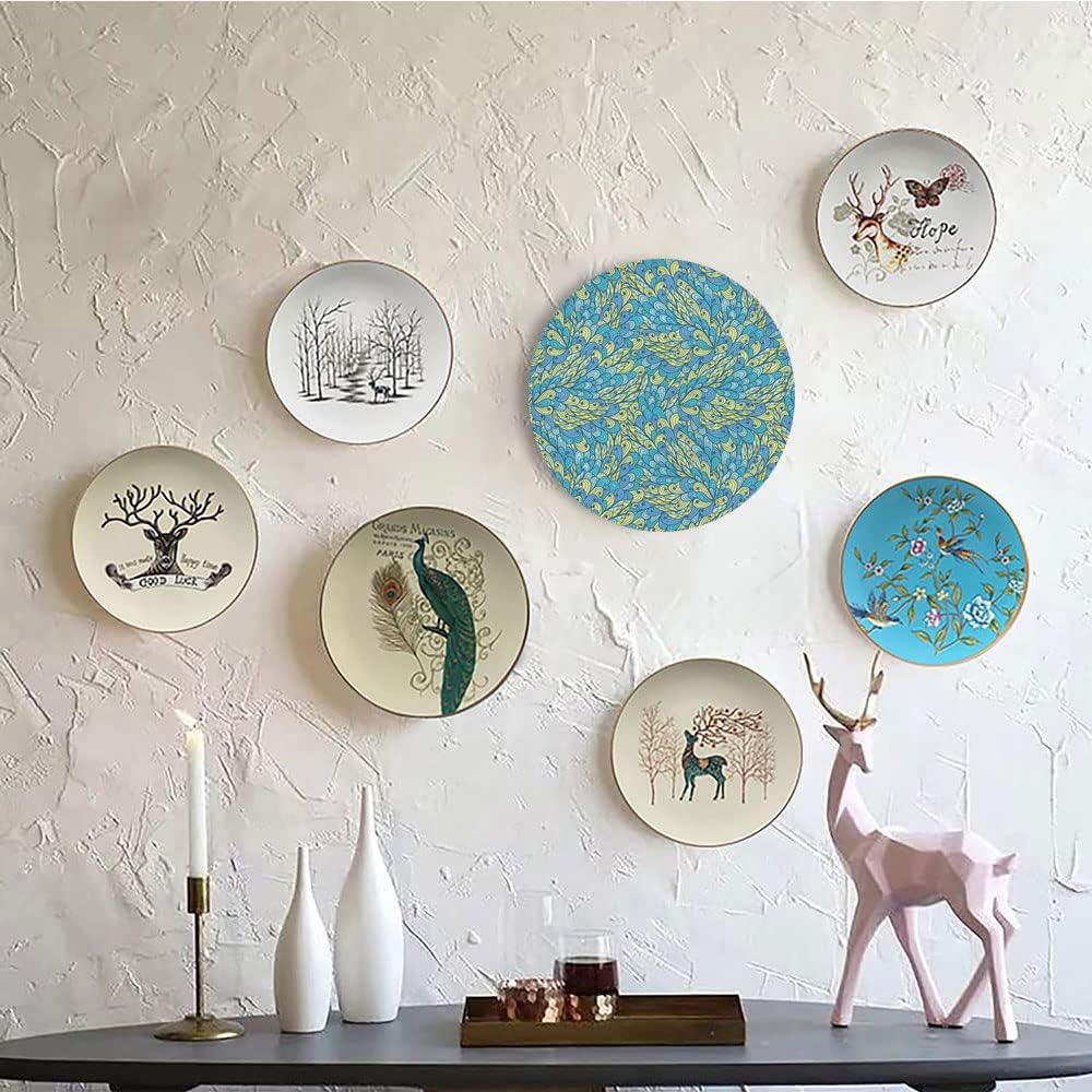 Ceramic Display Plate, Yellow and Blue Ceramic Hanging Decorative Plate, Doodle Style Floral Swirls Curves Ornate, 10 Inch, Living Room Kitchen Decoration Household, Light Yellow Aqua Light Blue