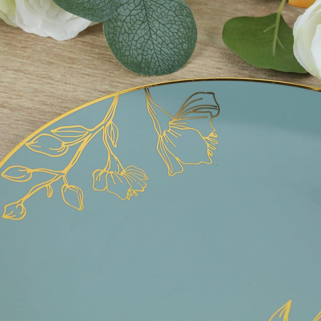 Dinner Plates Set for 20 Guests, Dusty Blue Plastic Party Plates With Metallic Gold Floral Design, 20x 8 inch inch Salad Plates + 20x 10 inch inch Dinner Plates