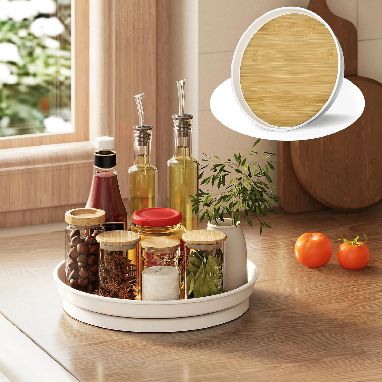 LAMU 2 Pack Lazy Susan Organizer, 10'' Lazy Susan Turntable for Cabinet, Table Top, Refrigerator, Kitchen, Pantry Fridge Organizers and Storage, Rotating Spice Organizer, Oak