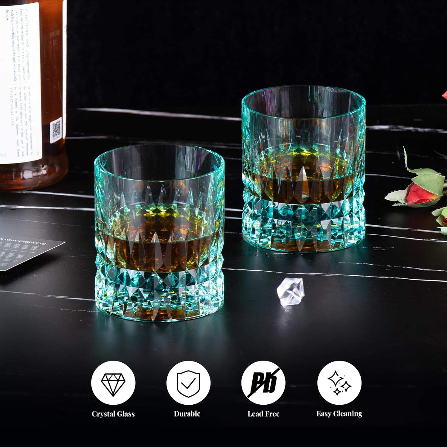 KAMMAK Crystal Whiskey Glasses Set, 7.8 oz (230 ml) Hand Blown Old Fashioned Tumbler, Thick Base Colored Glass with Delicate Rim & Seamless Design for Scotch, Bourbon, Cocktails, Aqua Green