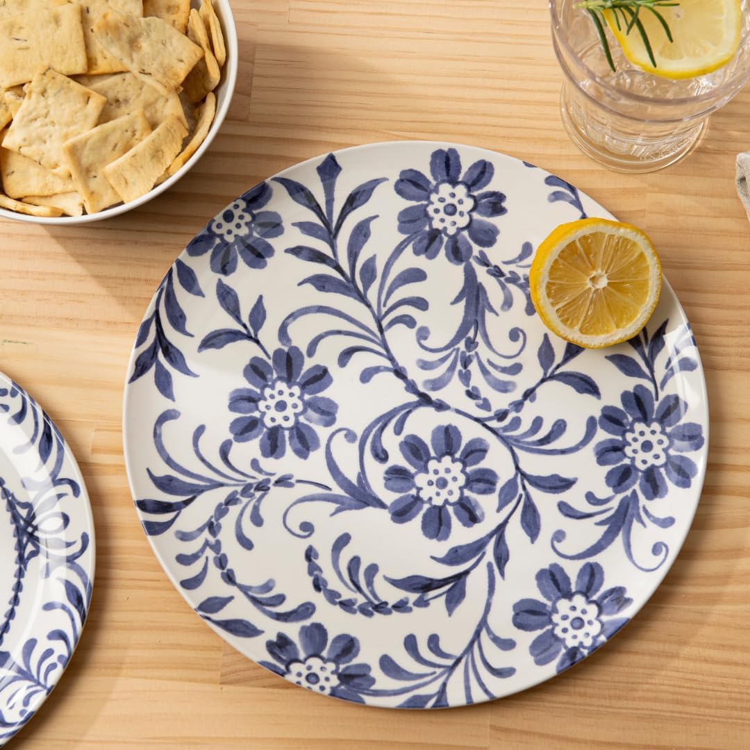 Bzyoo 12-Piece Melamine Dinnerware Set - Indigo Floral | Lightweight, Durable, BPA-Free | Dishwasher Safe Dish Set for Indoor & Outdoor Use - Perfect for Camping, BBQs, Kids Parties