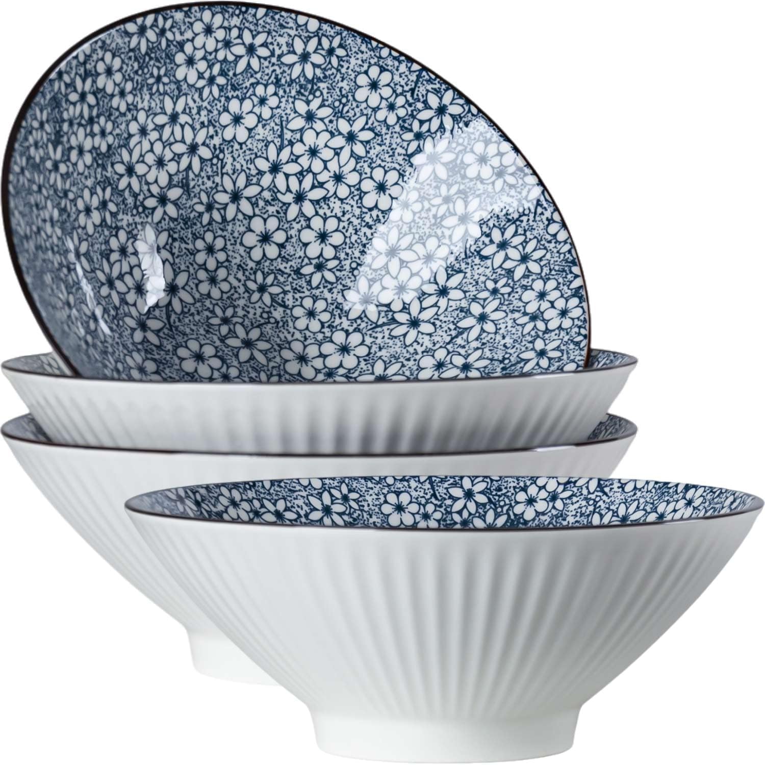 38 oz Japanese Ramen Bowls Set of 4, Large Pho Bowls, 8 Inch Ceramic Blue and White Soup Bowls, Floral Pattern