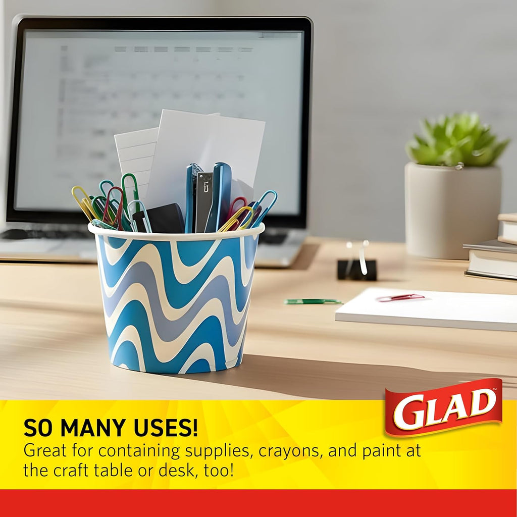 Glad Everyday Paper Snack Bowls with Blue Wave Print, Lids Not Included - Disposable Snack Bowls, Heavy Duty Paper Bowls for Everyday Use, 12 Ounces, 20 Count