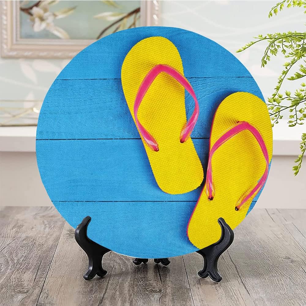 Ceramic Plates, Yellow and Blue Decorative Ceramic Plates, Flip Flops on Wooden Pier Cheerful Holiday, 8 Inch, for Dining, Parties, Wedding, Sky Blue Yellow Pink