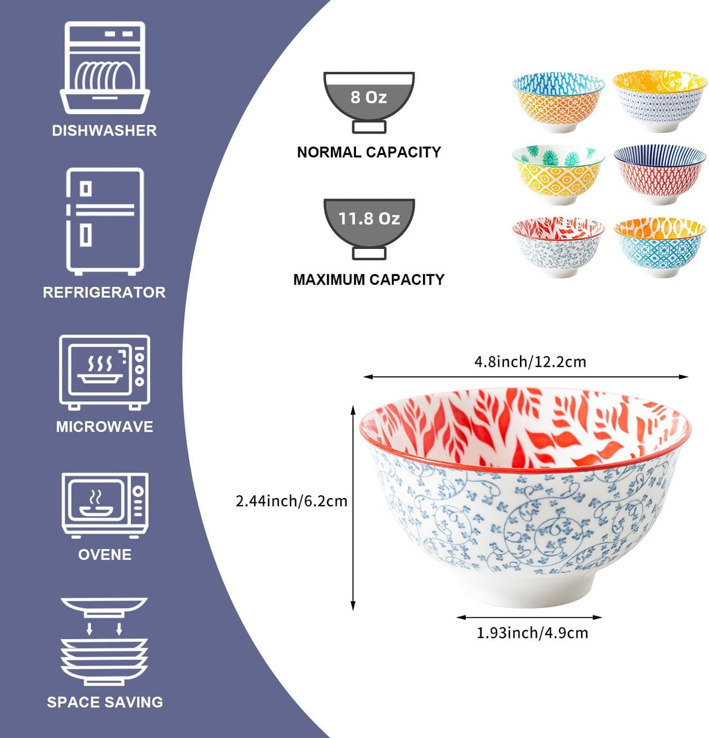 Ceramic Dessert Bowls Set - 12 Oz Small Ice Cream Bowl 4.75 Inch Cereal Bowls for Snack, Fruit, Dipping Sauce, Side Dishes - Microwave Dishwasher Safe - Set of 6 - Assorted Colors