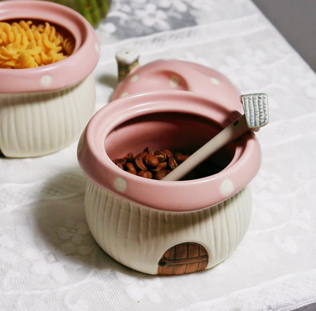 Ceramic Sugar Bowl with Lid & Spoon, Cute mushroom house design. Porcelain Seasoning Storage Jar, 14 Ounces. (Pink)