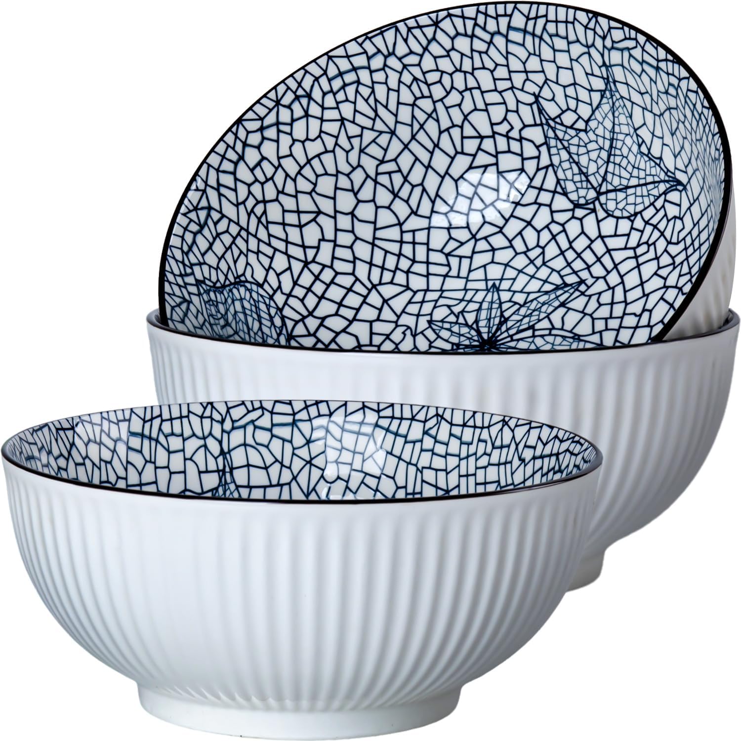 60 oz Large Soup Bowl, Pho Bowls, 8 Inch Blue and White Porcelain Japanese Ramen Bowls Set of 3 - Leaf Pattern