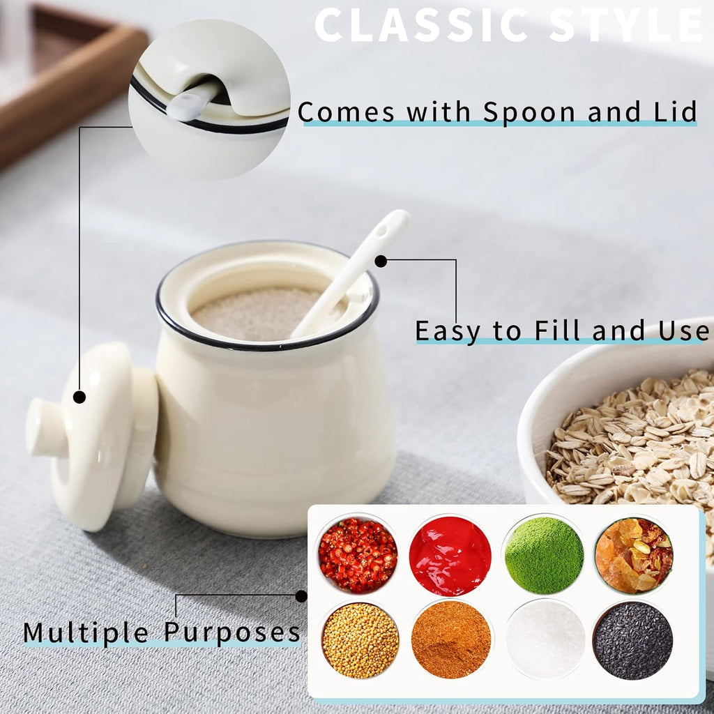 HAOTOP Porcelain Salt Bowl with Lid and Spoon,Ceramic Sugar Bowl 12oz (Beige)