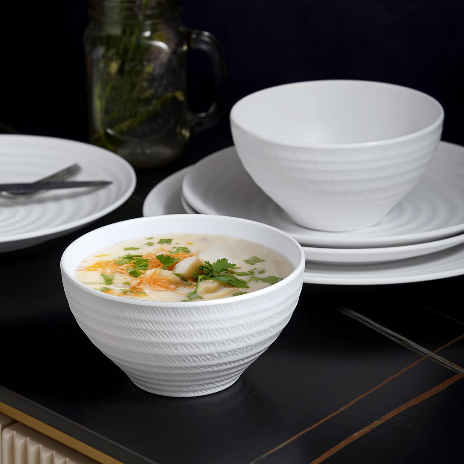 White Melamine Dinnerware Sets,12PCs Anti-scratch Dishes Set, Lightweight and Non breakable Dinnerware,Suit for Indoor and Outdoor Use, Dishwasher Safe,BPA free (Classic White)