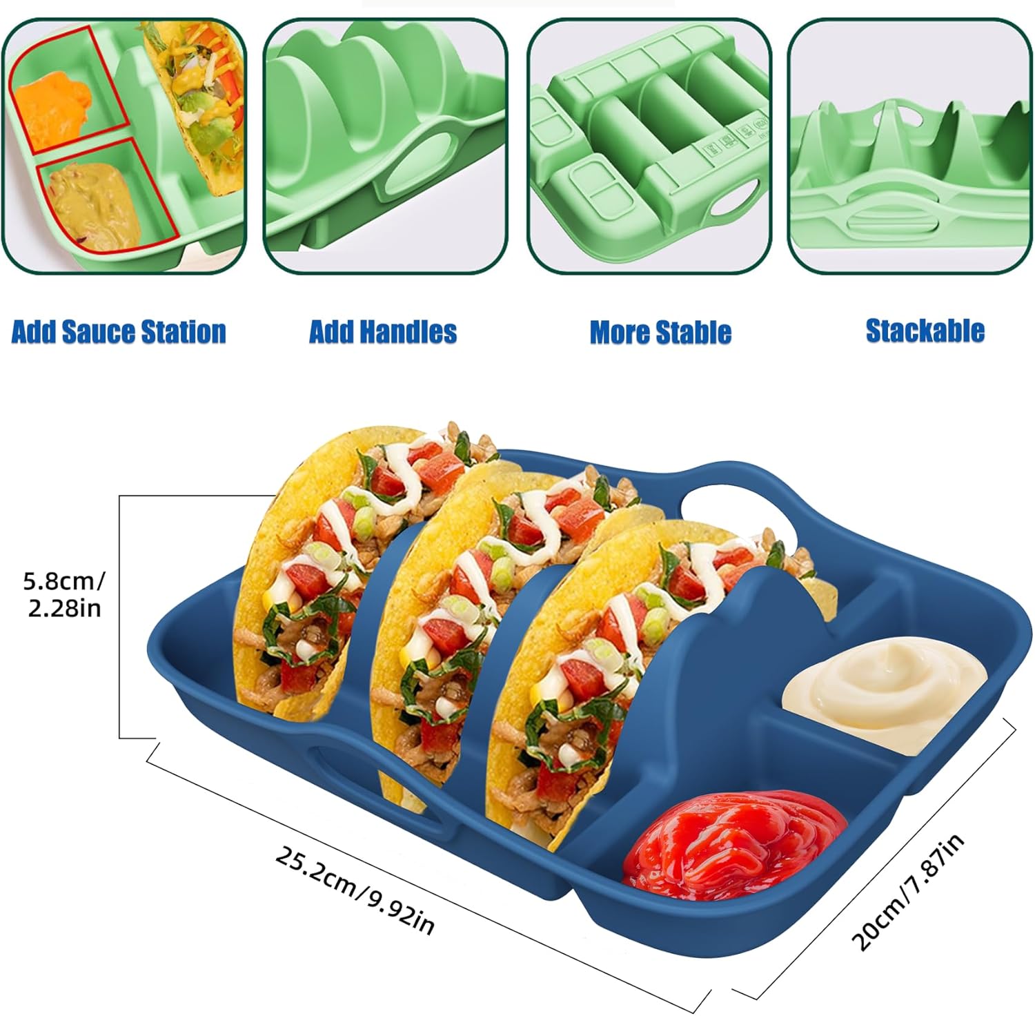Classic White & Navy Silicone Taco Holder Set of 2, with Dip Bowls & Dividers, Elegant Non-Slip Serving Plates for Hard/Soft Tacos, Dishwasher & Microwave Safe Party Essential