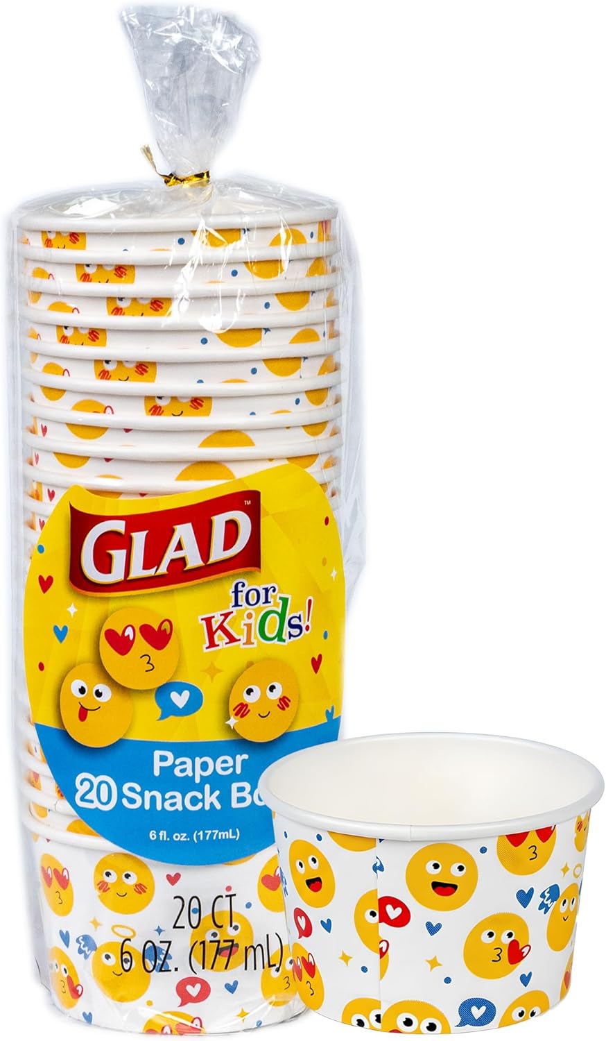 Glad for Kids Emoji Print Paper MINI Snack Bowls, Lids Not Included - Disposable Snack Cups with Emojis for Kids Heavy Duty, 6 Ounces, 20ct