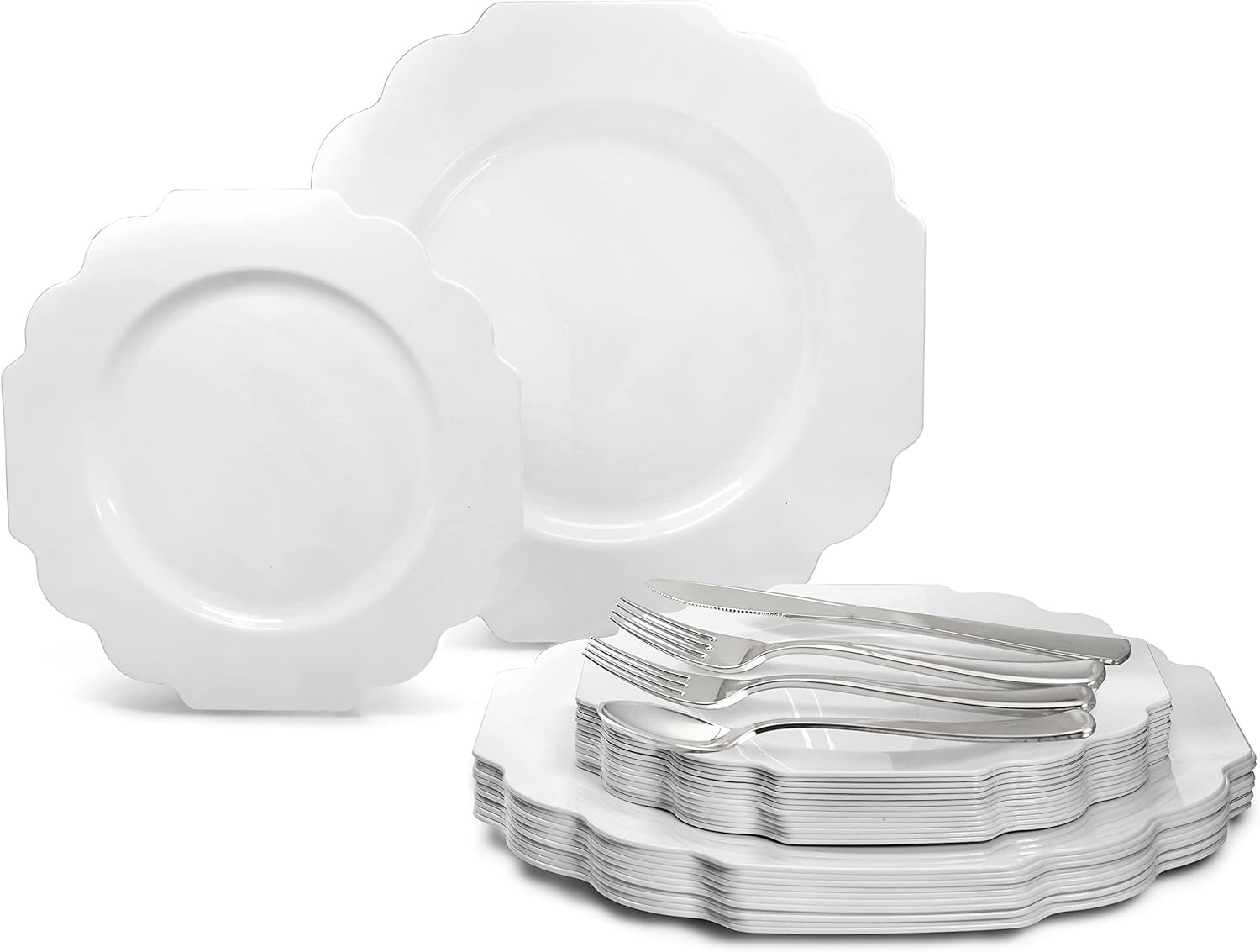 " OCCASIONS " 150 Piece set (25 Guests)-Wedding Plastic Plates & cutlery -Disposable heavyweight Dinnerware 10.5'', 8'' + Silverware w/double fork (Imperial in White)