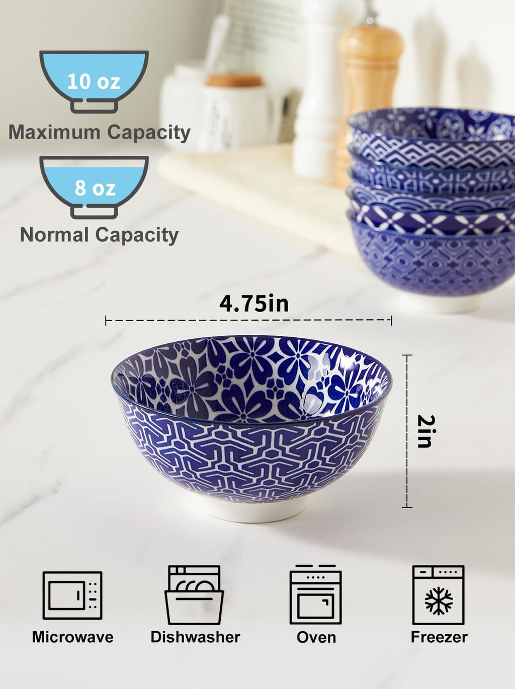 Blue and White Bowls, Ceramic Dessert Bowls 10 Oz, Porcelain Bowl Set for Ice Cream, Decorative Bowls for Snack Soup Condiments, Side Dishes, Set of 6