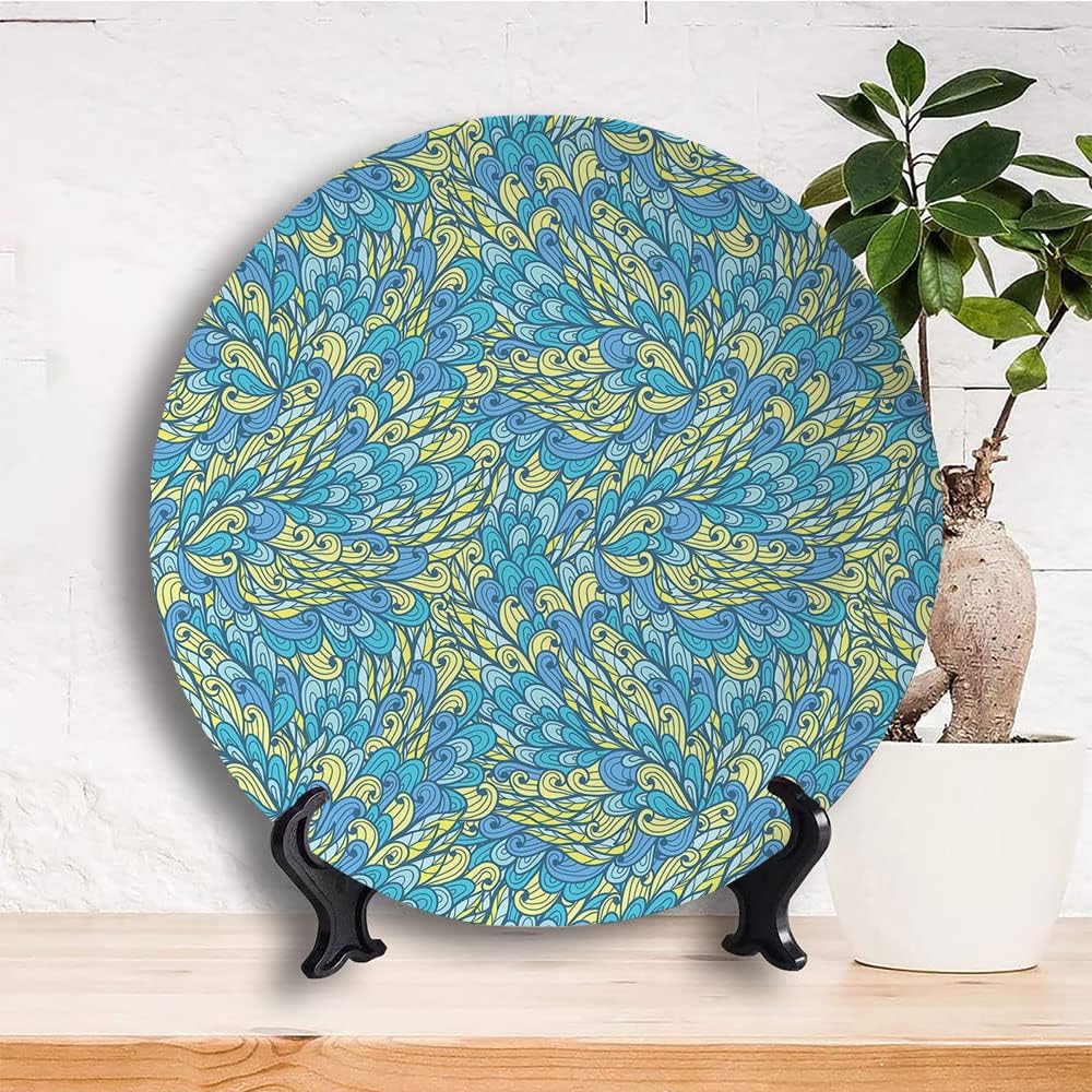 Ceramic Plates, Yellow and Blue Decorative Ceramic Plates, Doodle Style Floral Swirls Curves Ornate, 8 Inch, for Dining, Parties, Wedding, Light Yellow Aqua Light Blue