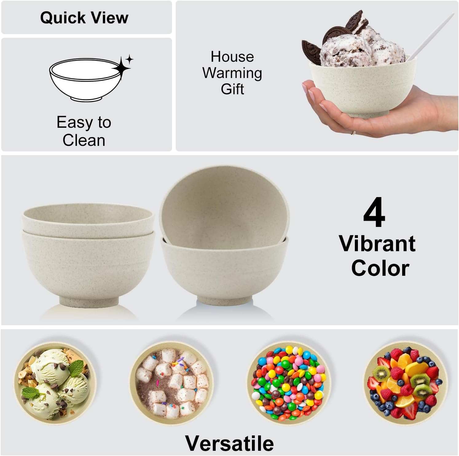 Wrova wheat straw dessert bowls 10oz set of 8 - Unbreakable snack Bowls for kids - Mini Bowls for Ice Cream,Snack and Fruits - Microwave & Dishwasher Safe Appetizer Bowl Sets - Beige