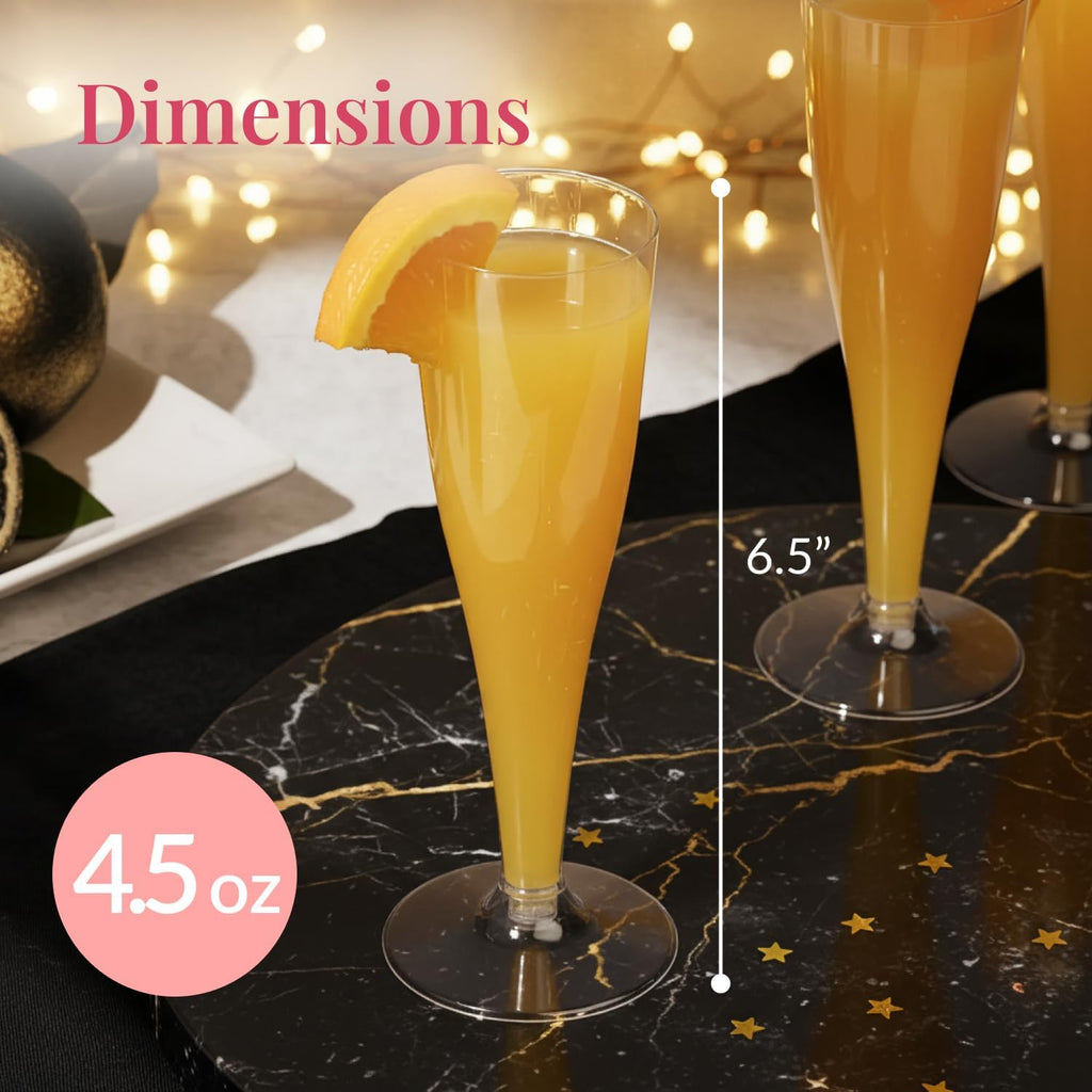 Prestee Set of 24 Clear Plastic Champagne Flutes - 4.5 oz Capacity Shatterproof Disposable Glasses - Suitable for Weddings, Cocktail Parties, and Outdoor Celebrations
