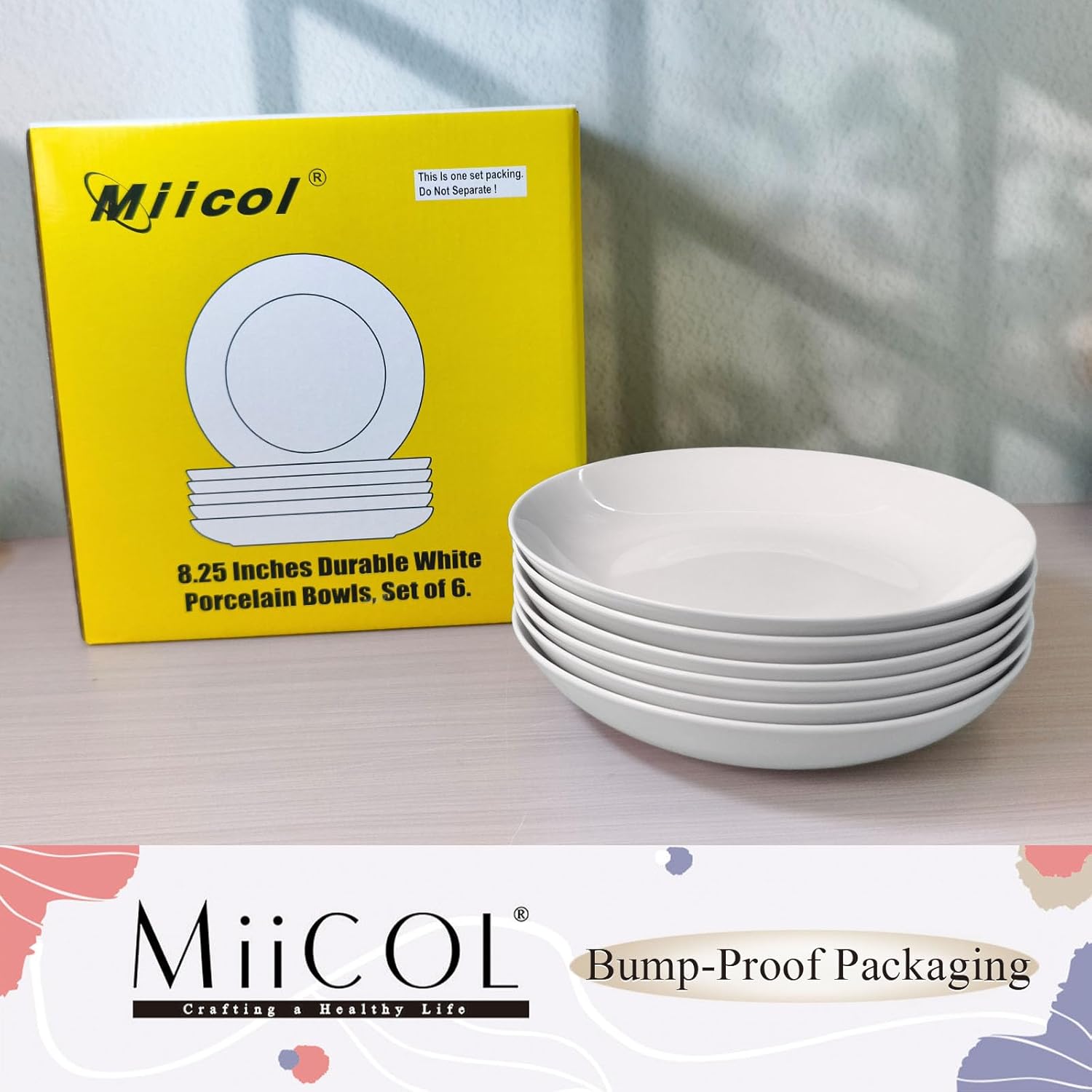 Miicol White Pasta Bowls 28 oz, Ceramic Salad Bowls Set of 6, Wide and Shallow Serving Bowl 8.25 inch, Large Pasta Plates, Serving Dish for Soup, Dinner, Microwave and Dishwasher Safe