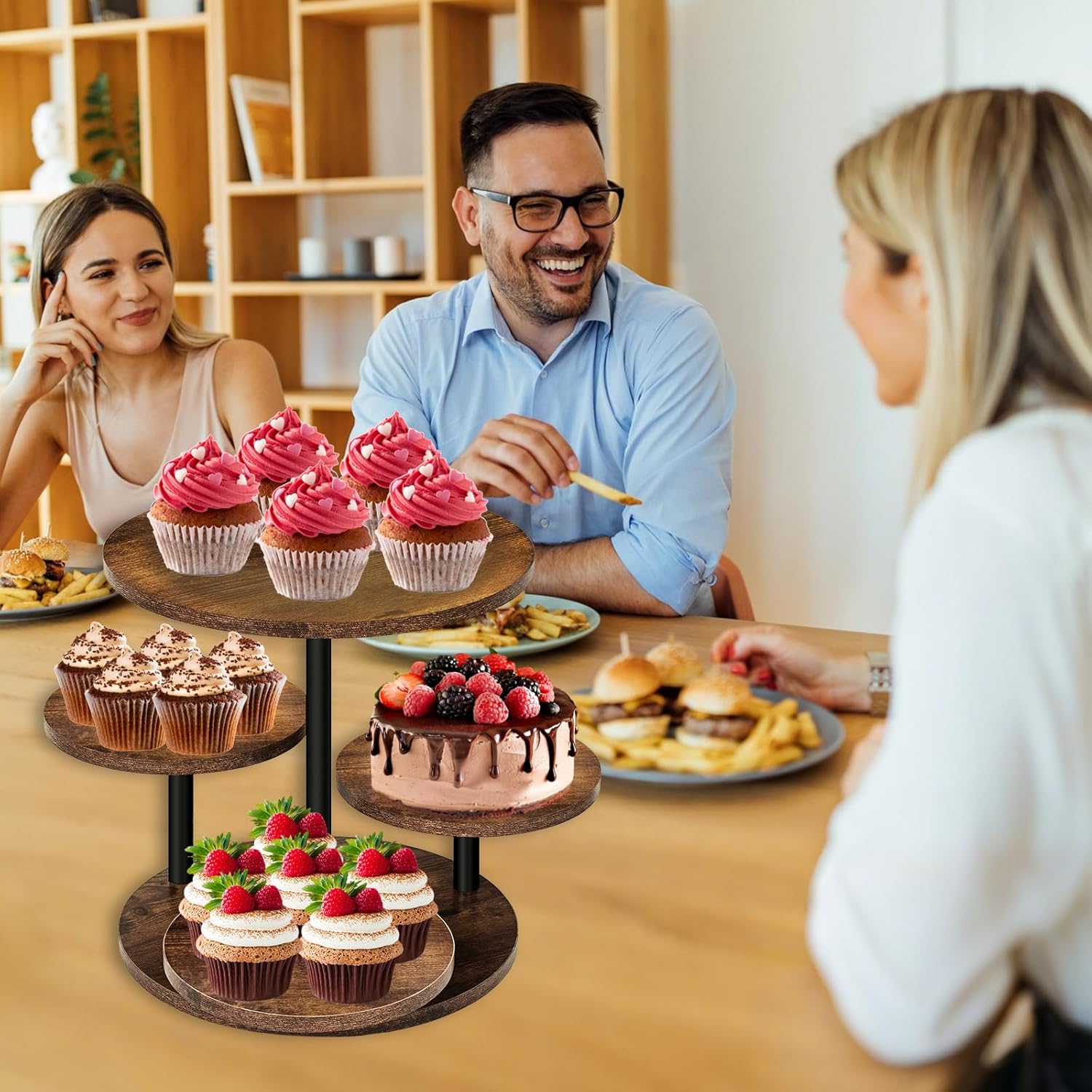 4 Tier Cupcake Tower Stands for 50 Cupcakes,360° Rotatable Round Cup Cake Stand with Tiered Tray,Farmhouse Wooden Dessert Table Display Stands for Wedding Birthday Baby Shower Tea Party