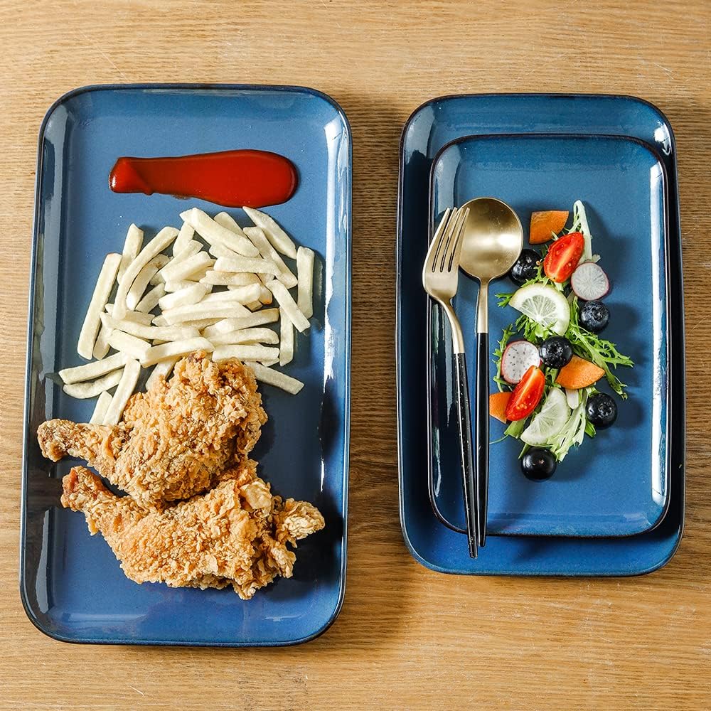 KOOV Rectangular Serving Tray, 14/12/10 Inch Large Serving Platter, Crockery Serving Plates with 3 Sizes, Ceramic Serving Dishes for Party, Food, Appetizers, Set of 3, Blue