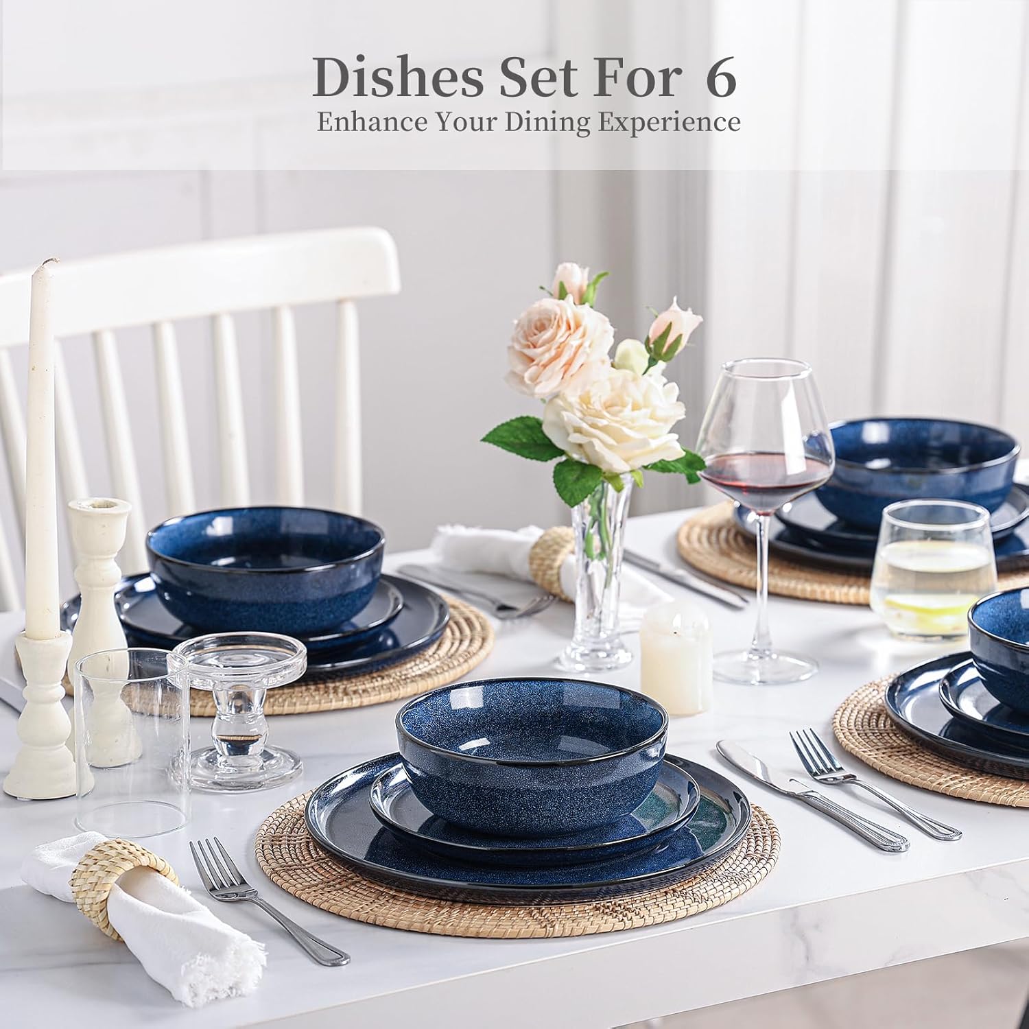 Ceramic Plates and Bowls Sets: 18 Piece Porcelain Dinnerware Sets, Stoneware Kitchen Dishes Set for 6, Scratch Resistant Plate Set, Microwave Dishwasher Oven Safe, Reactive Glaze (Blue)
