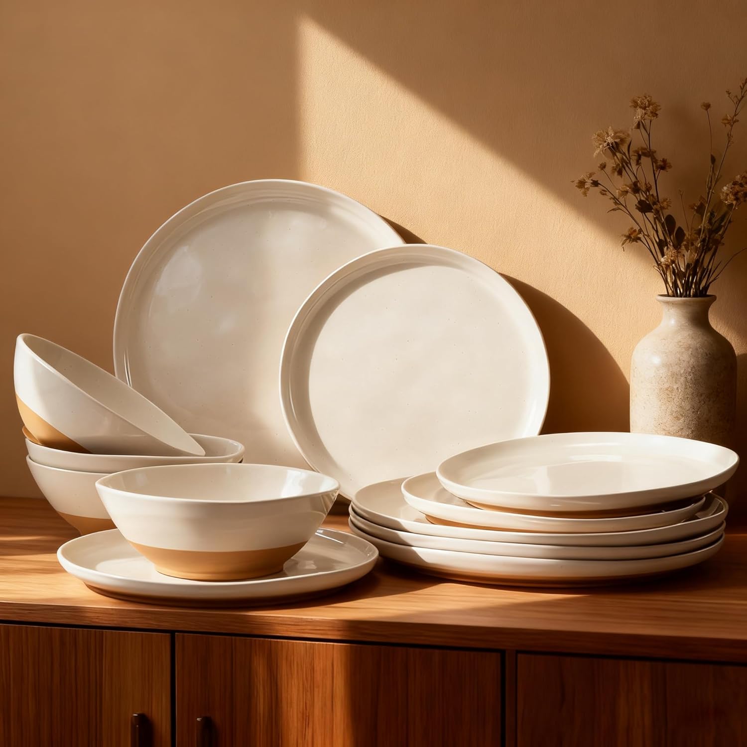 FINE&NICE Melamine Dinnerware Sets of 12 Pcs, Unbreakable Plates and Bowls Set for 4, Dinner Dishes Set for for Patio, RV and Camping, Dishwasher Safe (White with Brown)