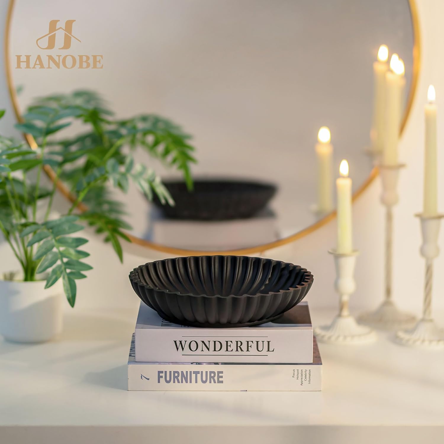 Hanobe Black Decorative Bowl Decor: Modern Resin Scalloped Ruffle Key Tray for Home Living Entryway Coffee Tables Centerpiece 9.45" Fruit Bowls for Dinning Kitchen Counter