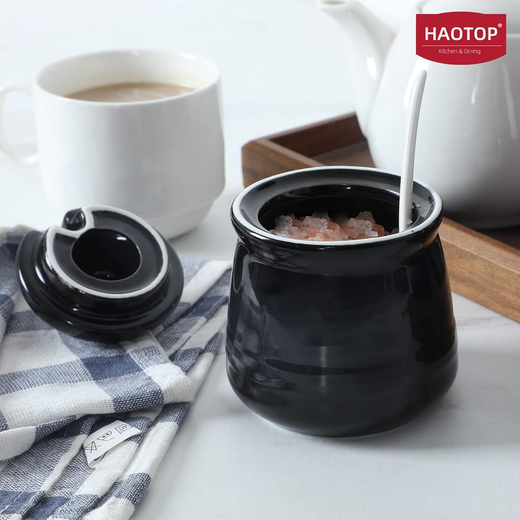 HAOTOP Porcelain Salt Bowl with Lid and Spoon,Ceramic Sugar Bowl 12oz (Black)