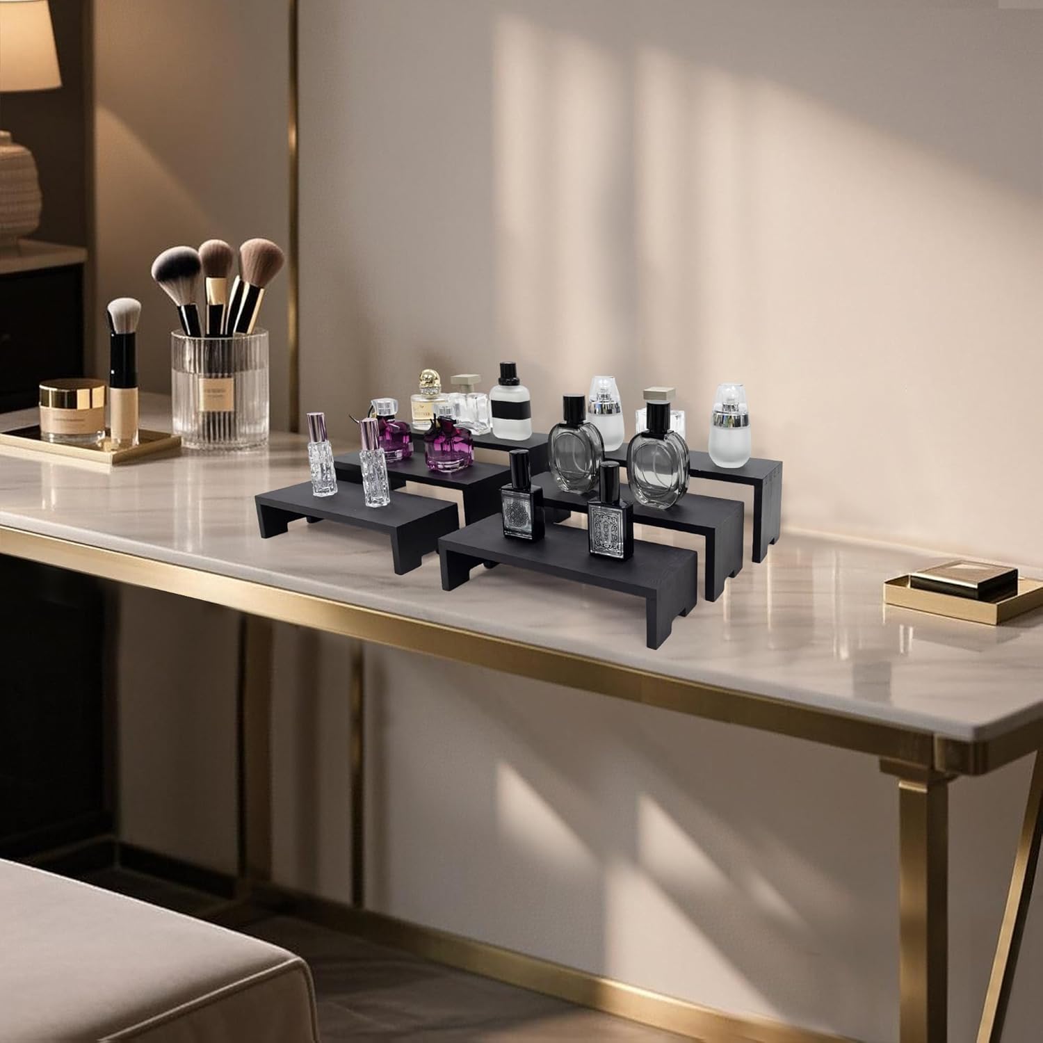 12Pcs Display Riser Wood Risers Wooden Stand 3 Tier 4 Set 12 Pieces Wood Racks Decorative Rectangular, Cupcake Stands Cologne Perfume Organizer(Black)