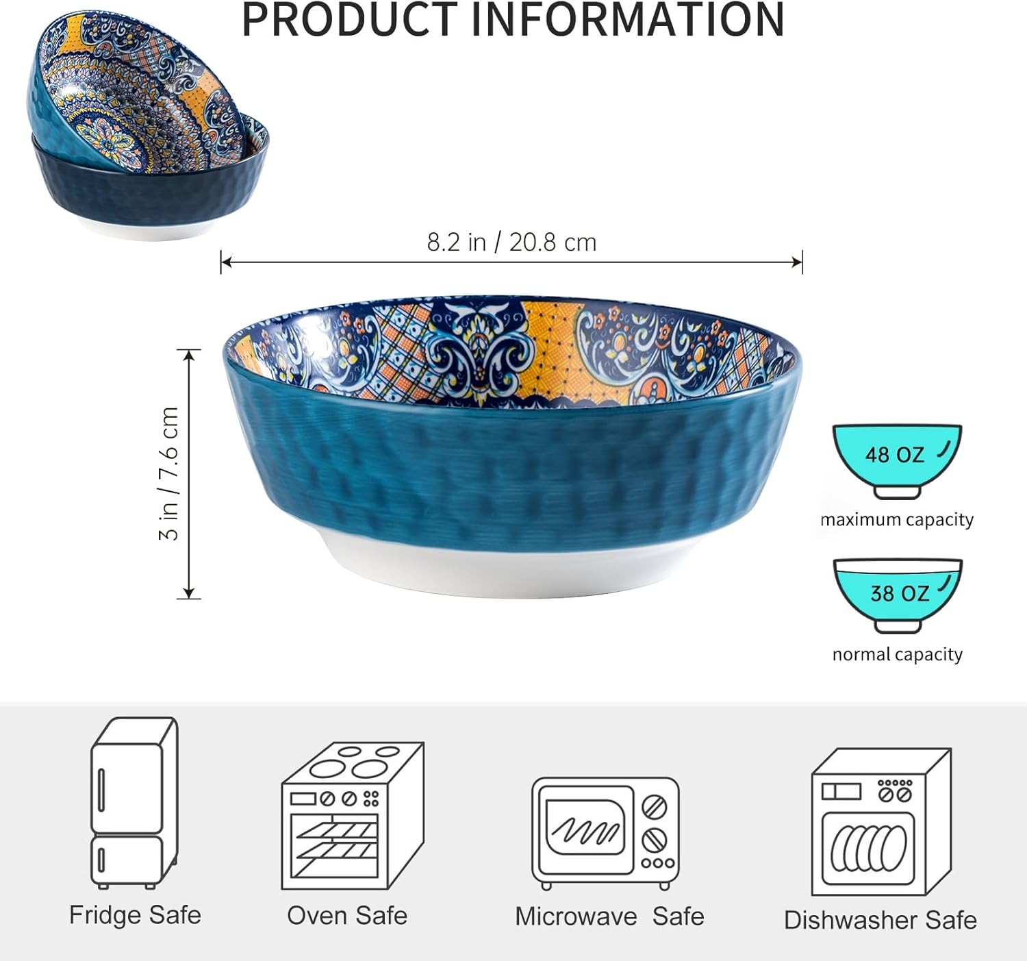 HENXFEN LEAD Large Salad Bowl Sets for Serving Pho, Ramen, Soup, Fruit, Snacks - 48 Oz Big Ceramic Bowls for Family, Kitchen Cooking, Dinner Party - Set of 2