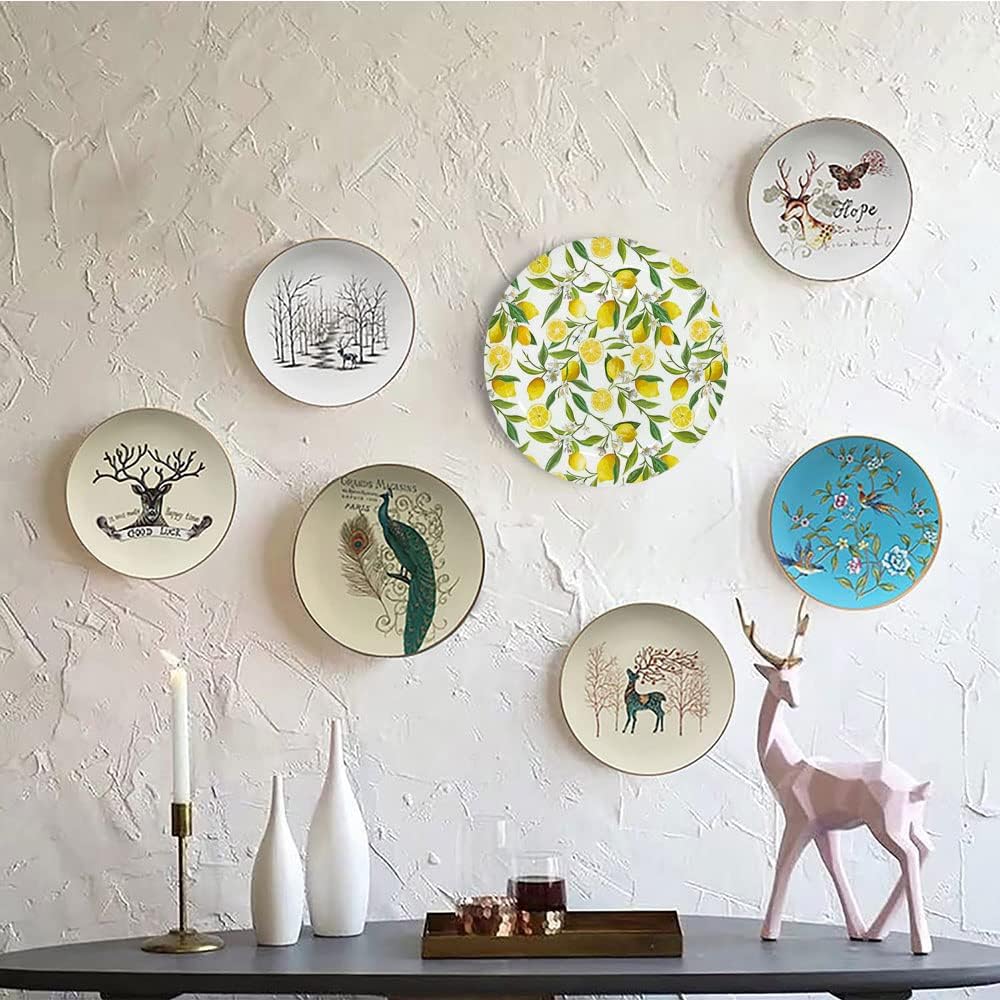 Ceramic Plates, Nature Decorative Ceramic Plates, Exotic Lemon Tree Branches Yummy, 7 Inch, Household Plates Decorative, Fern Green Yellow White