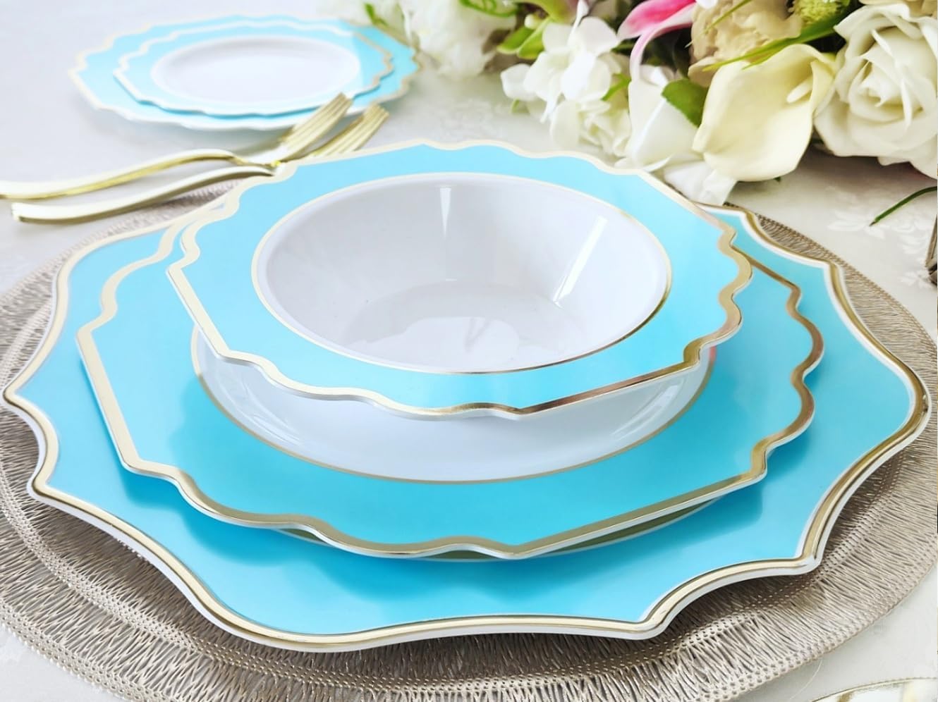 " OCCASIONS " 150 Piece set (25 Guests)-Wedding Plastic Plates & cutlery -Disposable heavyweight Dinnerware 10.5'',8''+Silverware w/double fork (Imperial Turquoise Blue/Green & Silver)
