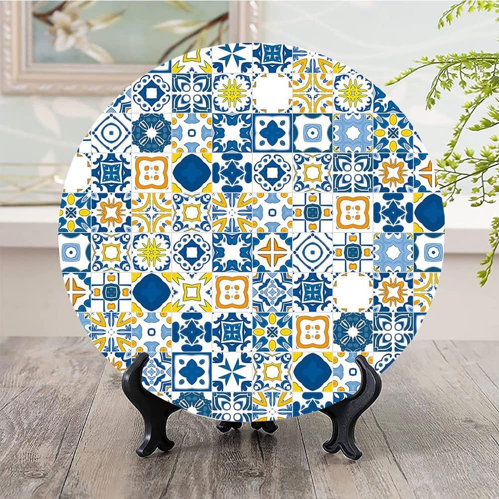 Ceramic Plates, Yellow and Blue Decorative Ceramic Plates, Mosaic Portuguese Azulejo Mediterranean Arabesque Effect, 10 Inch, Household Plates Decorative, Violet Blue Mustard White
