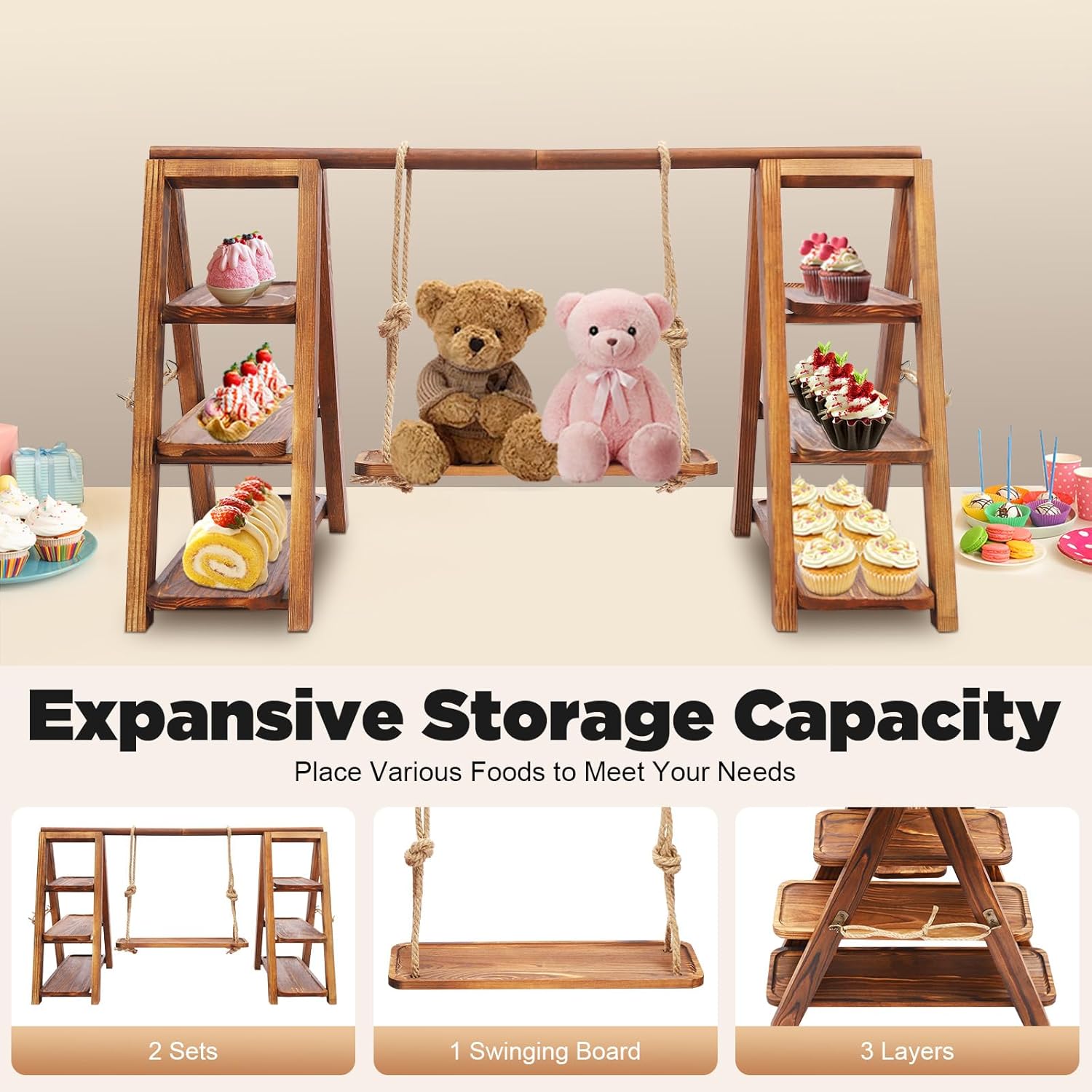 3 Tier Dessert Stand Wooden, Multi-Level Cake Stand Display with Adjustable Shelves, 13.23lbs Capacity Rustic Wood Dessert Tower for Party Wedding and Events