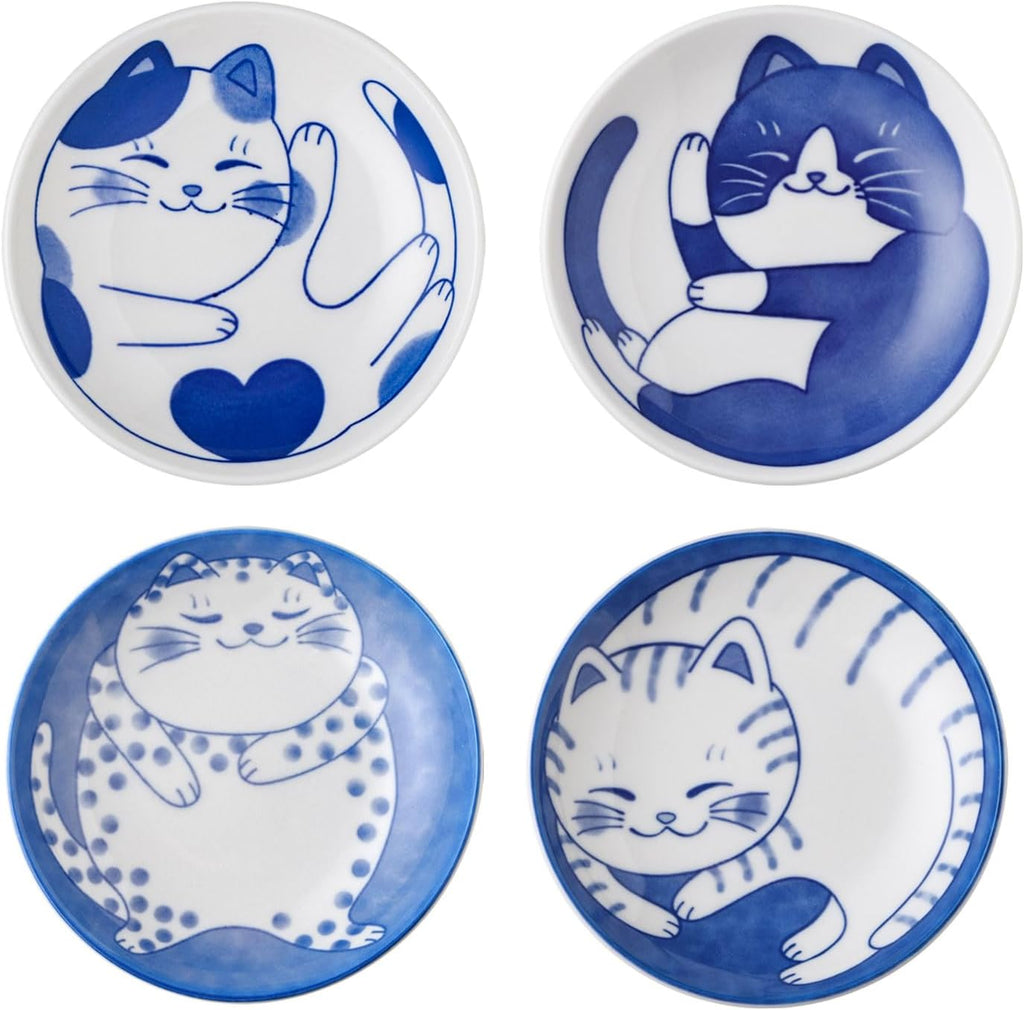 VanEnjoy Small Cute Ceramic Dishware Sets, Kawaii Cat Plates, Blue Shushi Plate Set Of 4, Japanese Plates, Dessert Plates Ceramic