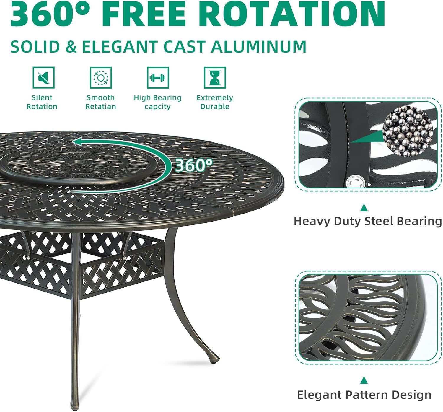 VIVIJASON 24" Cast Aluminum Lazy Susan Turntable, 360° Rotating Display Tray with Silent Bearings, Round Table Top Swivel Serving Plate with Umbrella Hole for Outdoor Dining Table, Elizabeth Style