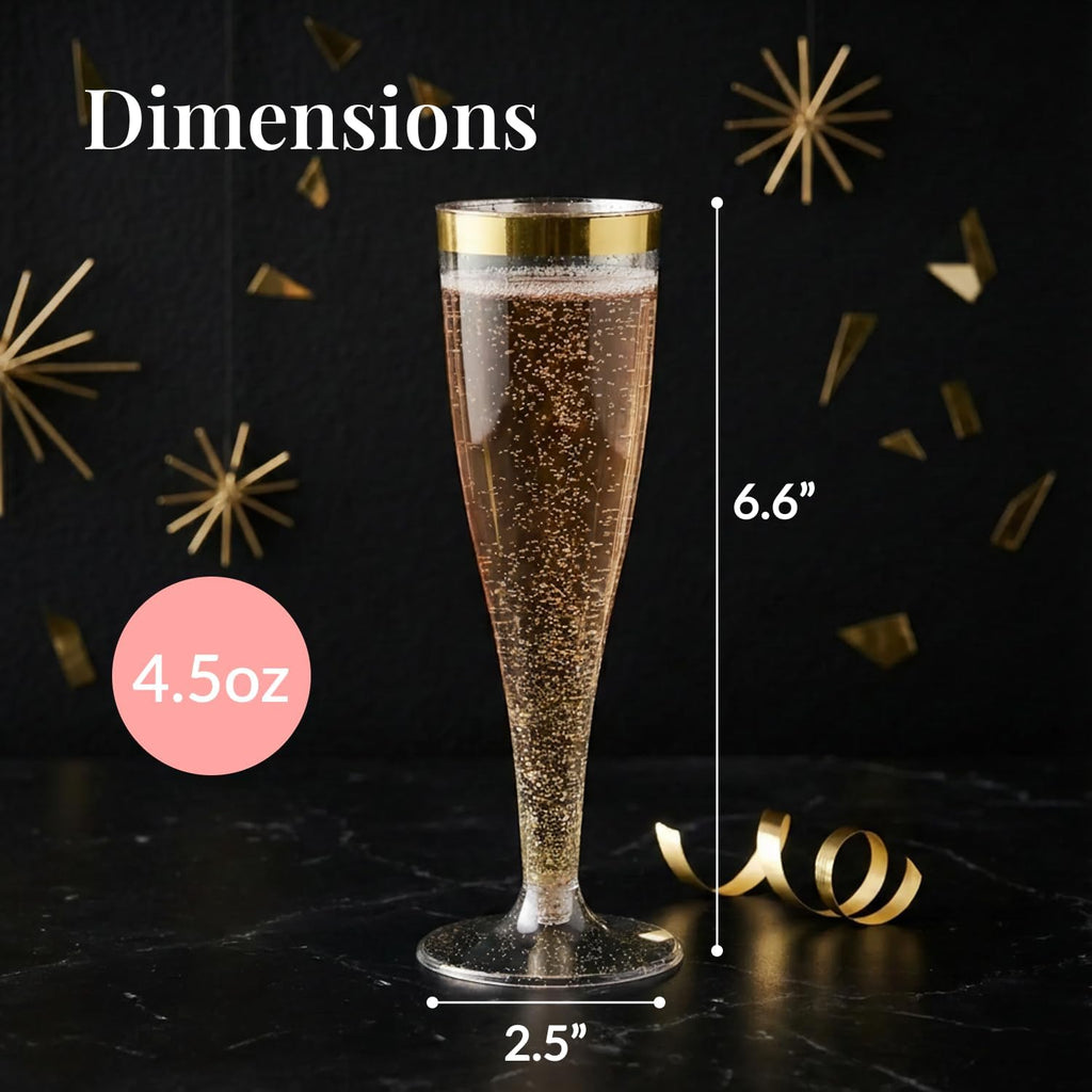 Prestee Set of 24 Plastic Champagne Flutes with Gold Rim - 4.5 oz - Shatterproof Disposable Glasses for Weddings, Cocktail Parties, and Outdoor Celebrations