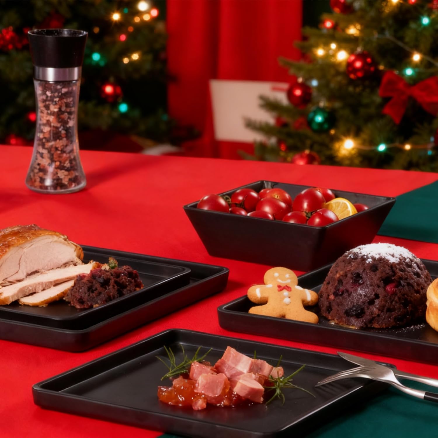 Melamine Dinnerware Sets - 12pcs Square Plates and Bowls Set, Dishes Set, Black