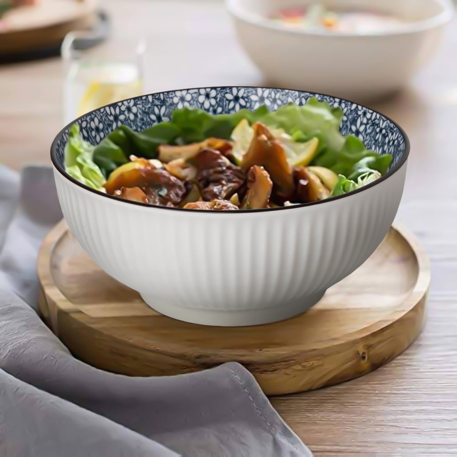 60 oz Large Soup Bowl, Pho Bowls, 8 Inch Blue and White Porcelain Japanese Ramen Bowls Set of 3 - Floral Pattern